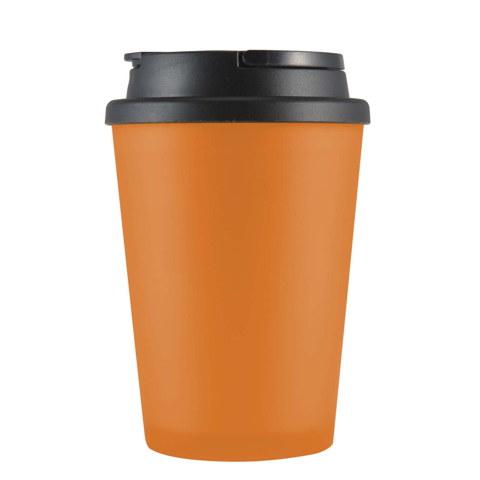 An orange coffee cup with a black handle lid, designed for drinkware use. It features a logo.