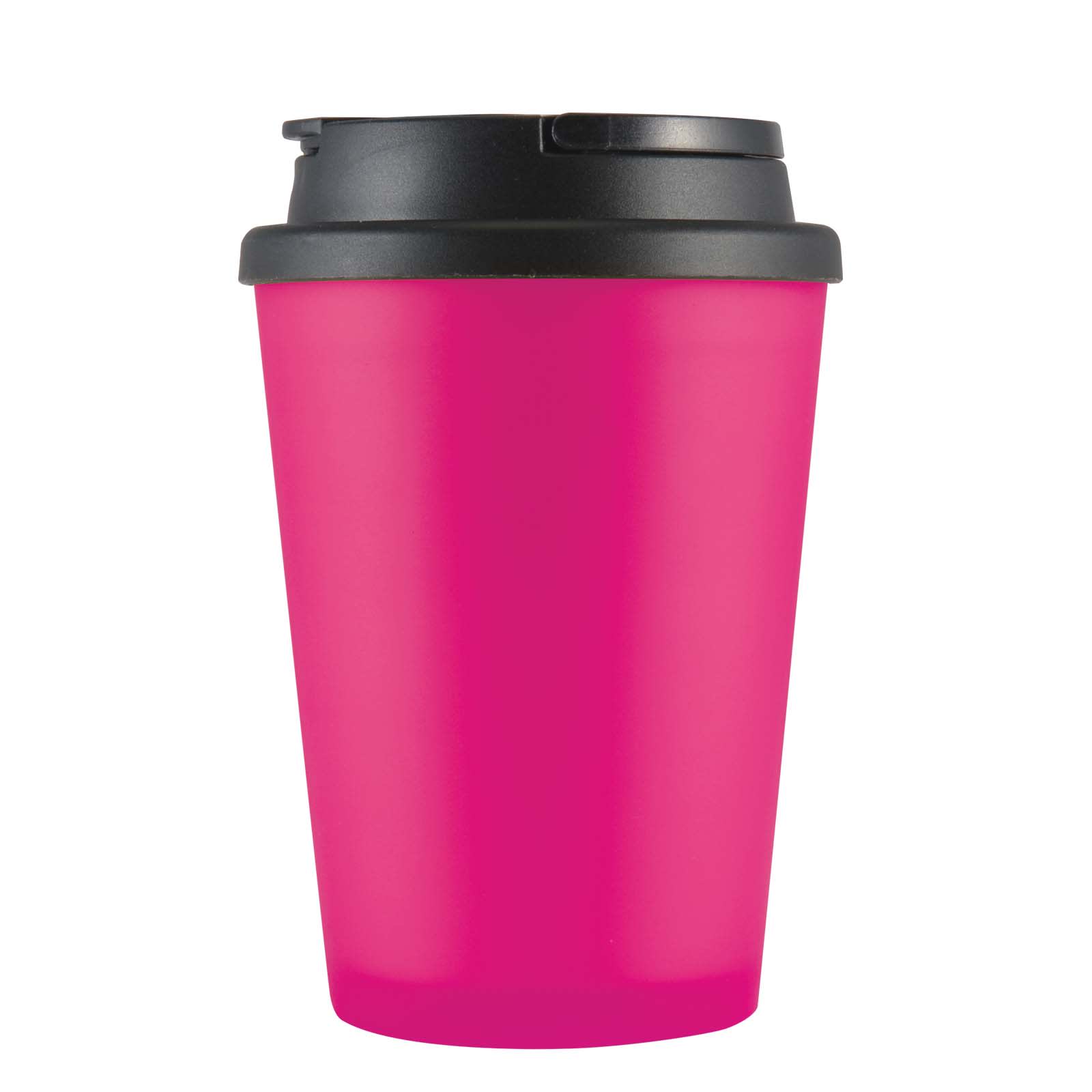 A drink cup in bright pink with a black handle lid, designed for beverages. Features a sleek, modern design.