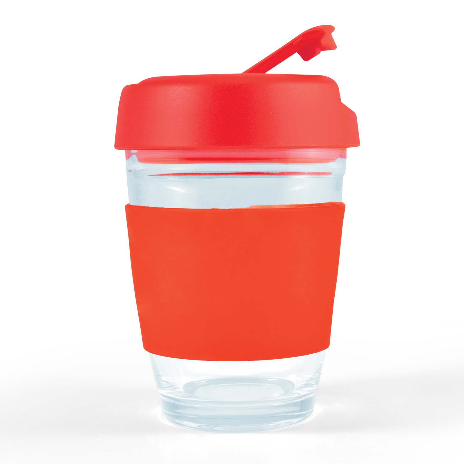 A reusable coffee cup with a clear body and a bright red flip lid, featuring a matching silicone sleeve for grip.