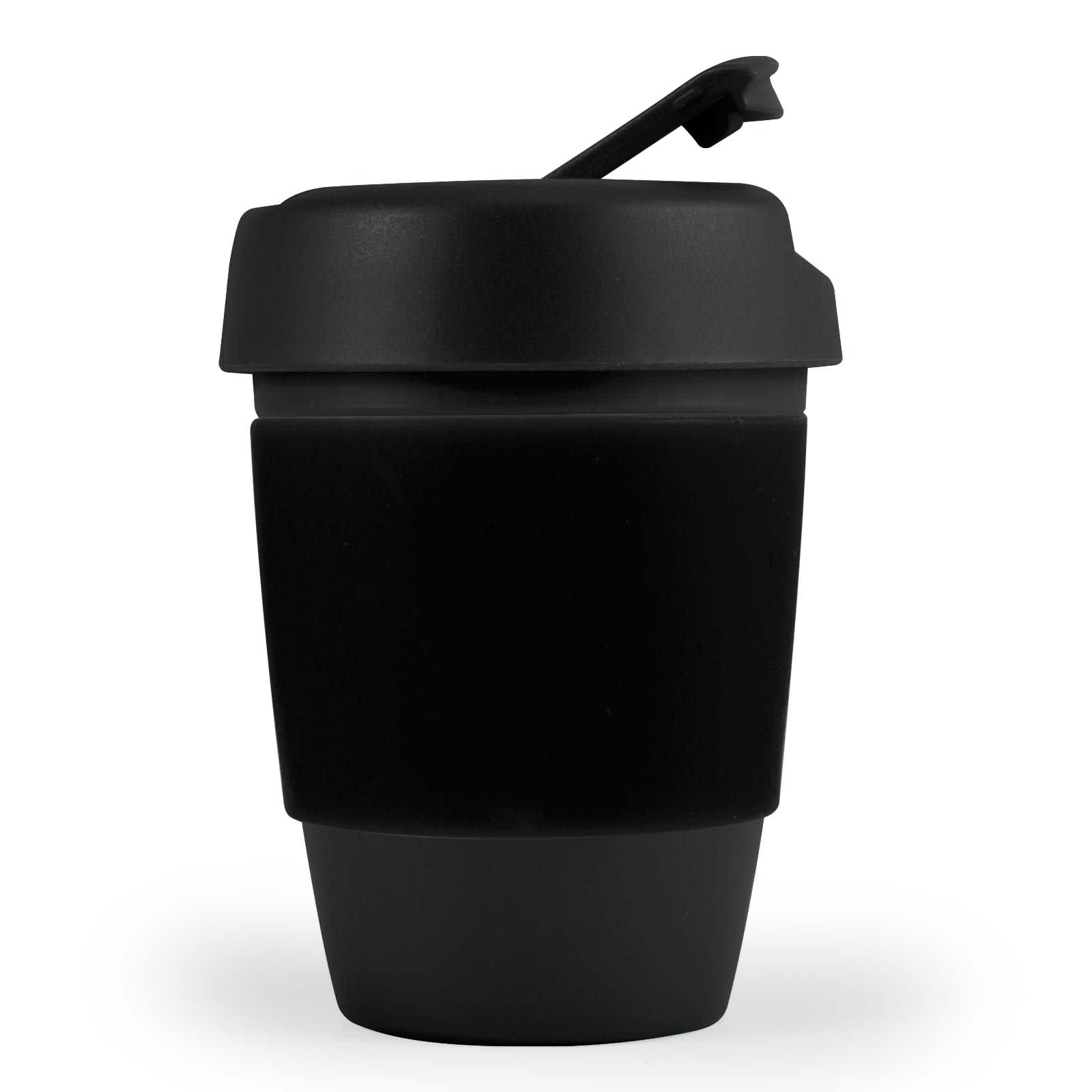 A reusable coffee cup with a silicone band and a secure lid, presented in a sleek black design.