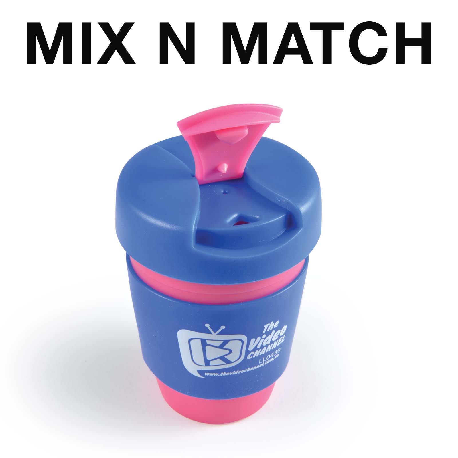 A reusable coffee cup in blue and pink featuring a silicone band and a lid. It has a logo on the side.