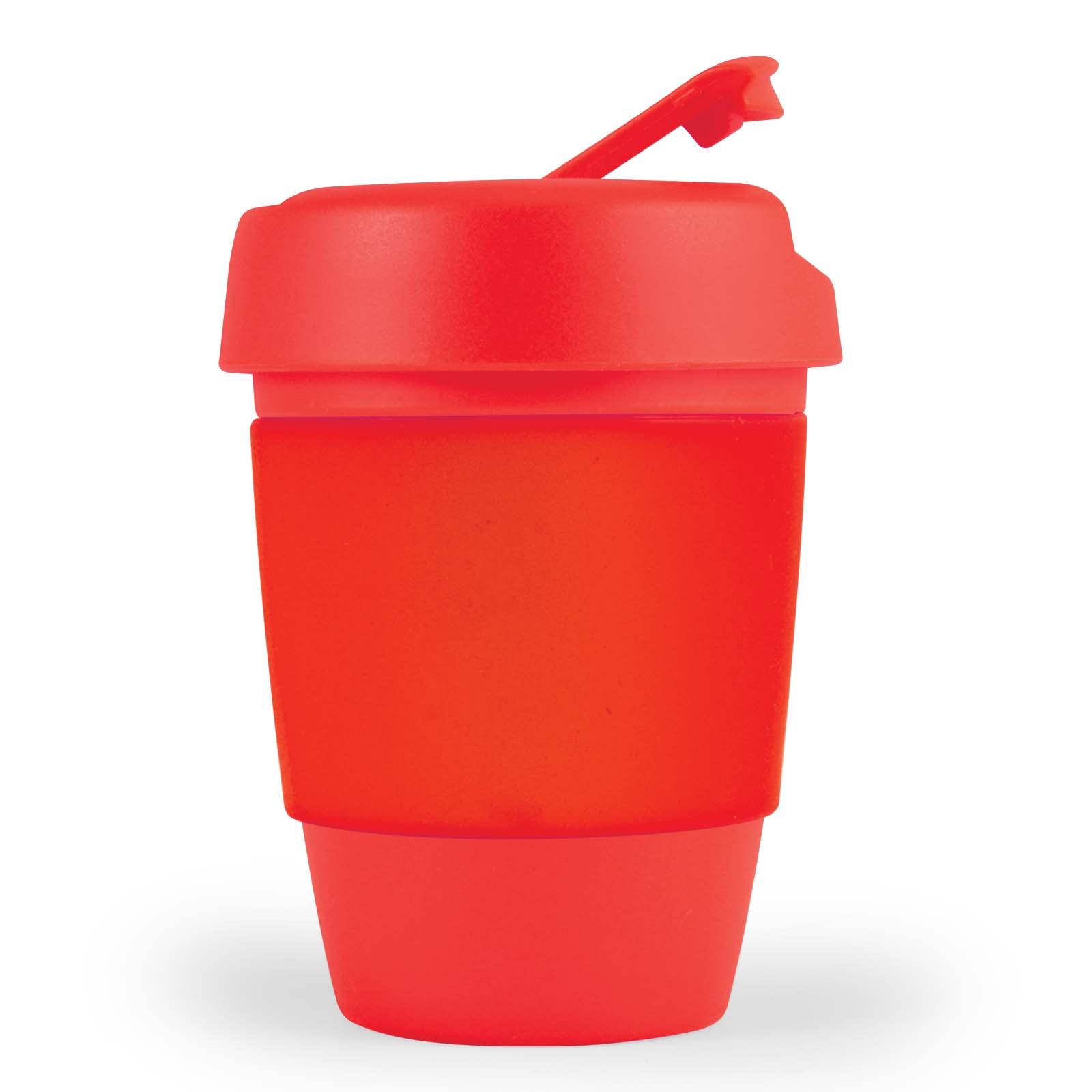 A reusable coffee cup with a silicone band, featuring a vibrant red color and a lid with a flip-top design.