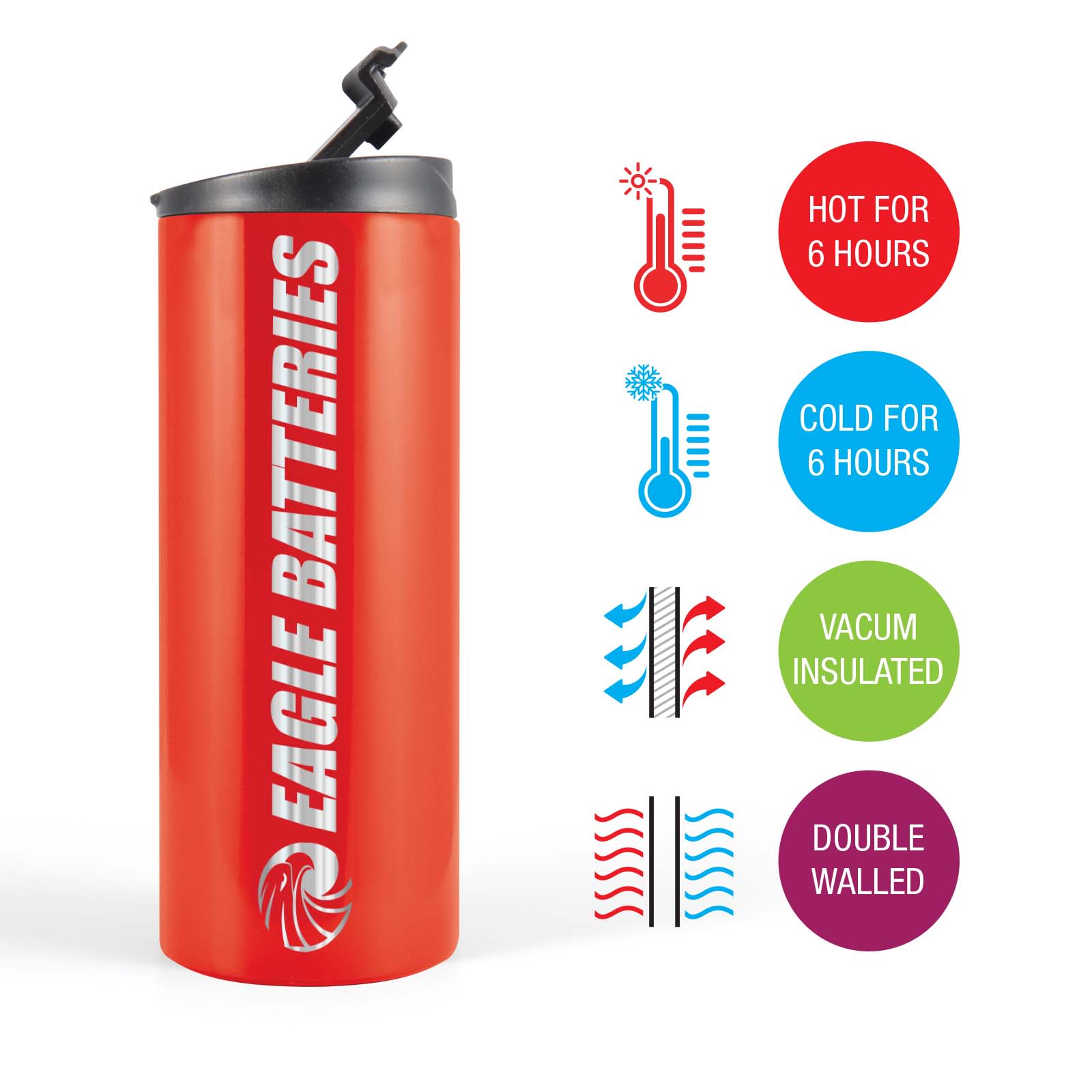 A drink bottle in a bright red color, featuring a black lid and a logo. It is vacuum insulated and double-walled.