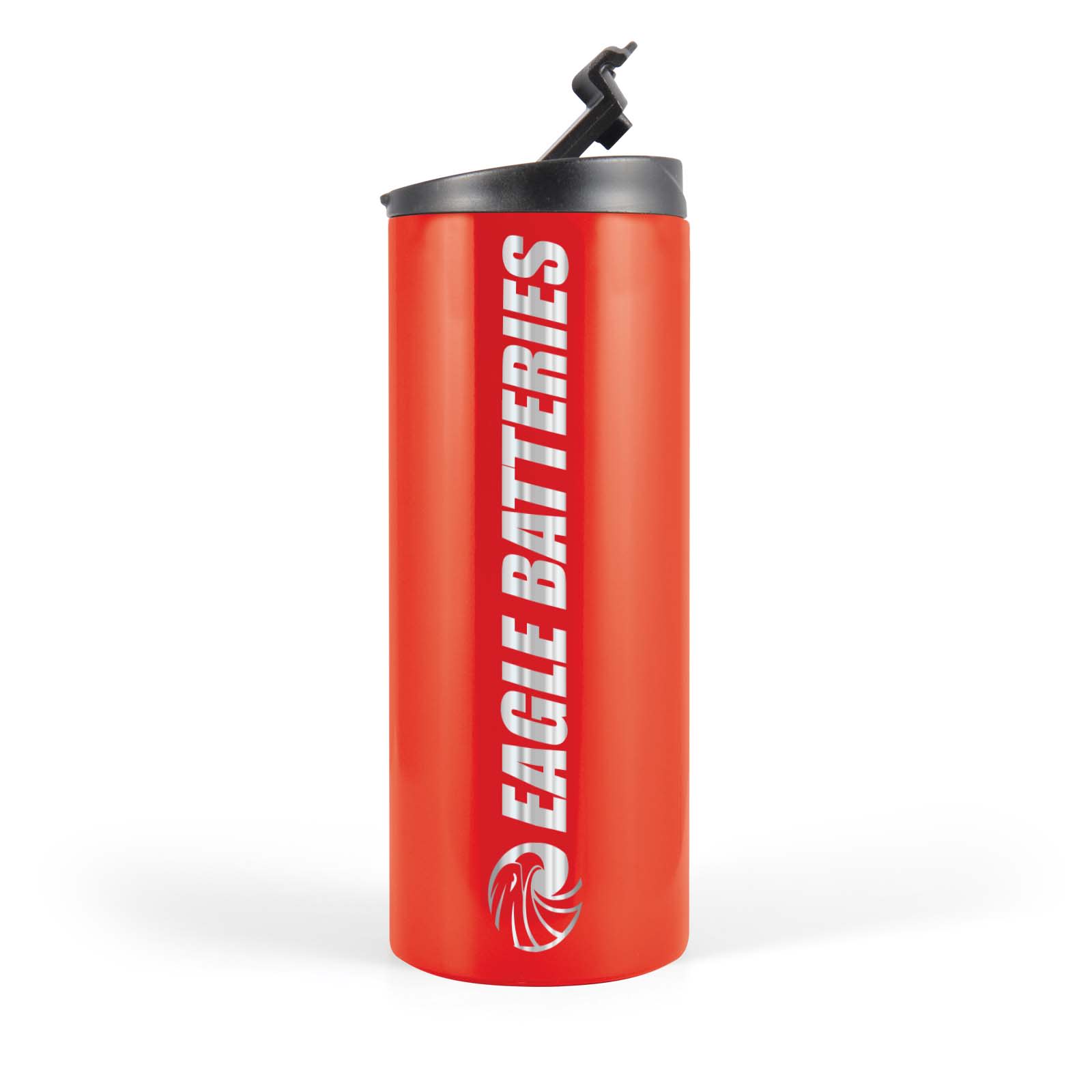 A travel mug in bright red with a black lid and a logo on the side.