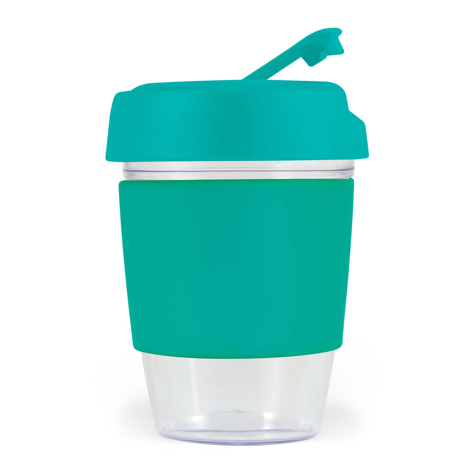 A drink cup with a clear base and a teal silicone band and lid, featuring a spill-resistant straw.