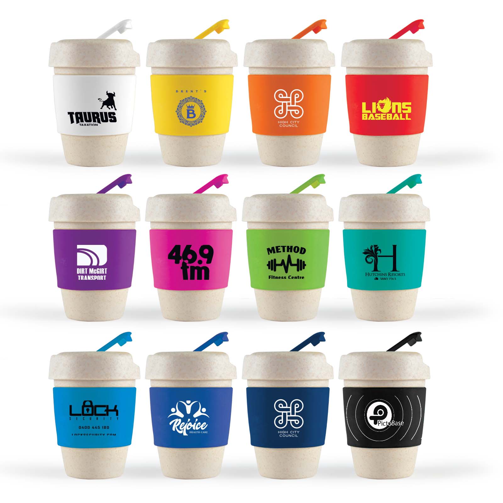 A collection of reusable coffee cups in various colors, featuring silicone bands and diverse logos.