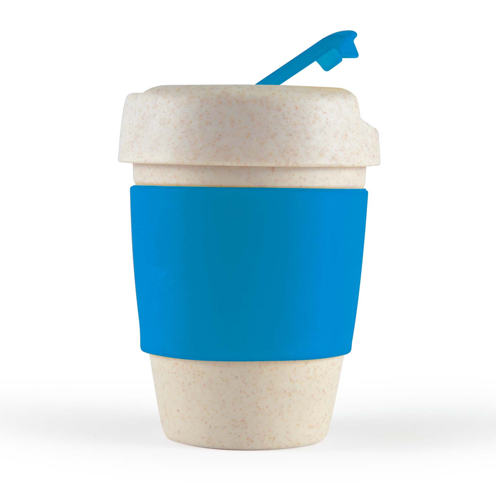 A reusable coffee cup with a light beige body and a blue silicone band, featuring a blue lid with a spout.