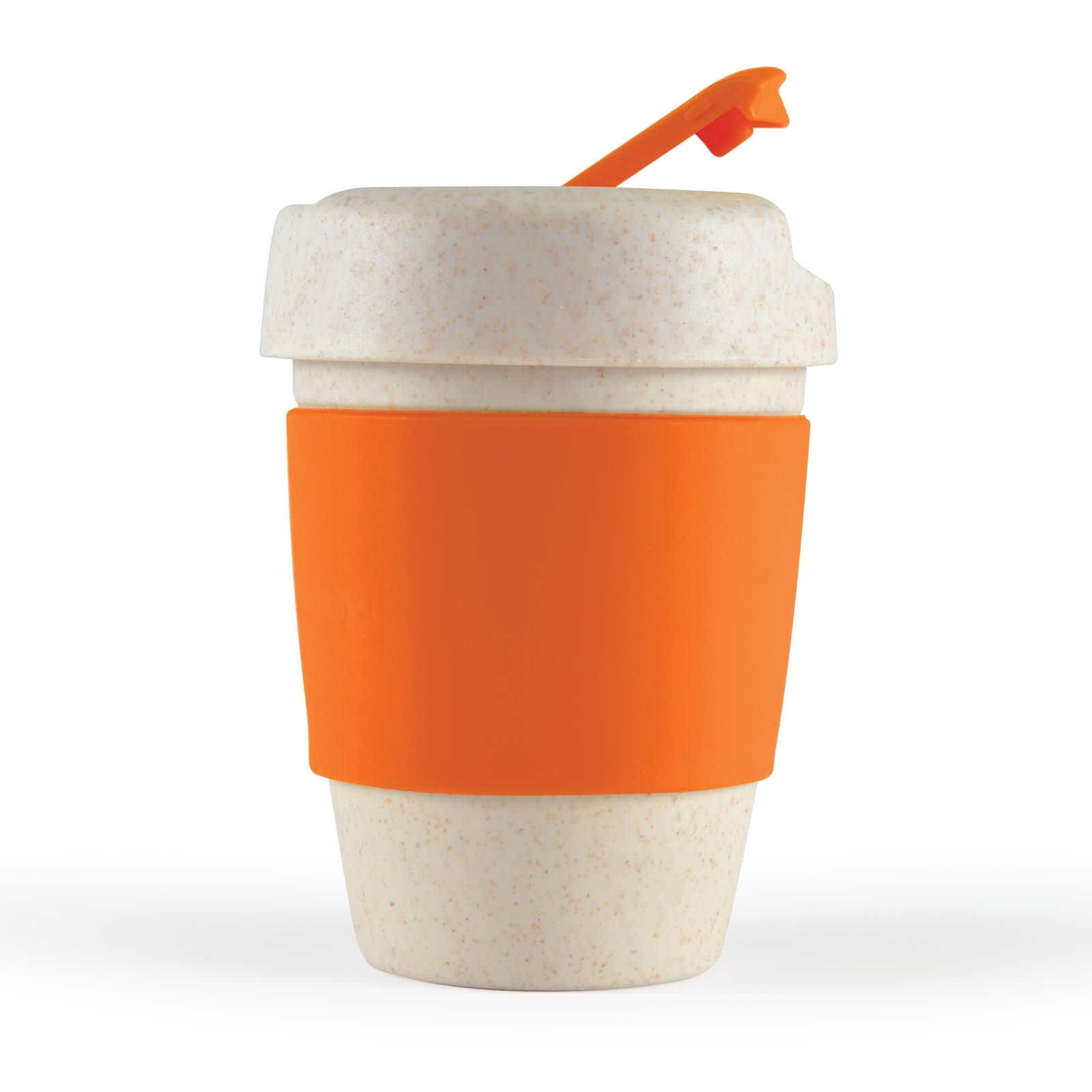 A reusable coffee cup in white and beige with an orange silicone band and lid, featuring a logo.