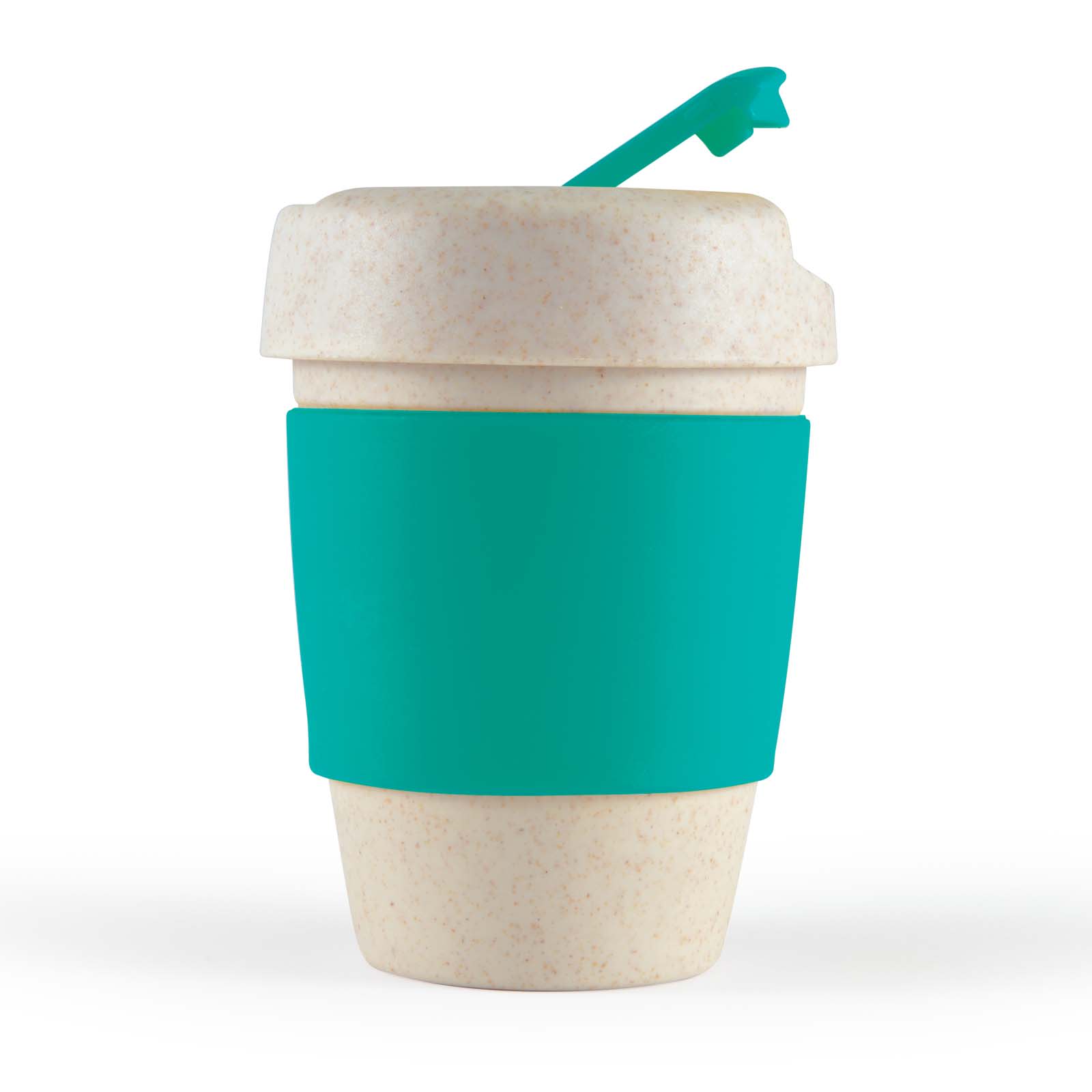 A reusable coffee cup in a creamy color with a teal silicone band and lid. It features a small drinking spout.