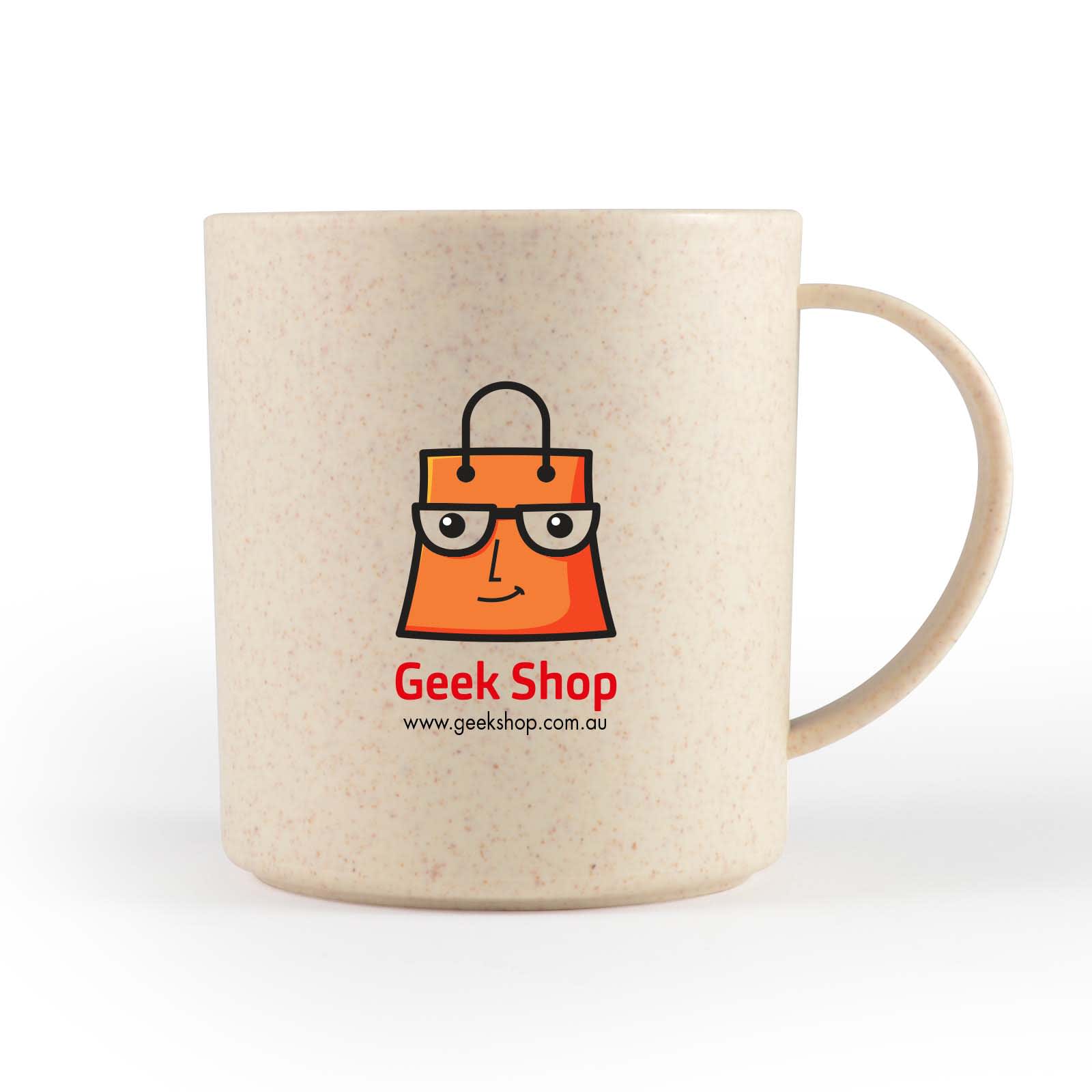 A reusable coffee cup in beige with a handle and a logo featuring a shopping bag with glasses.