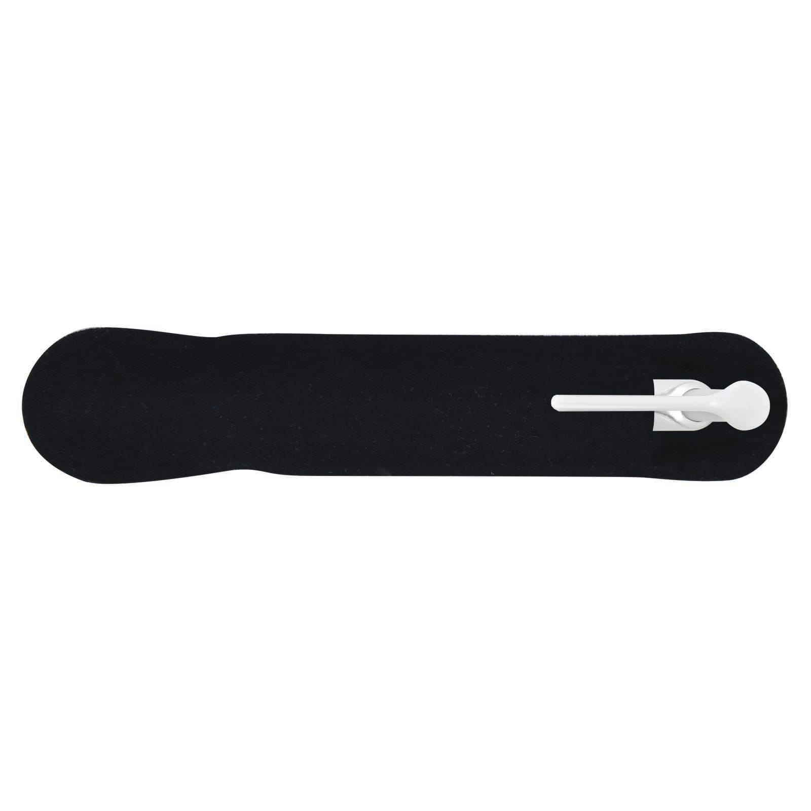 A plastic pen in a sleek, black design with a white writing tip.