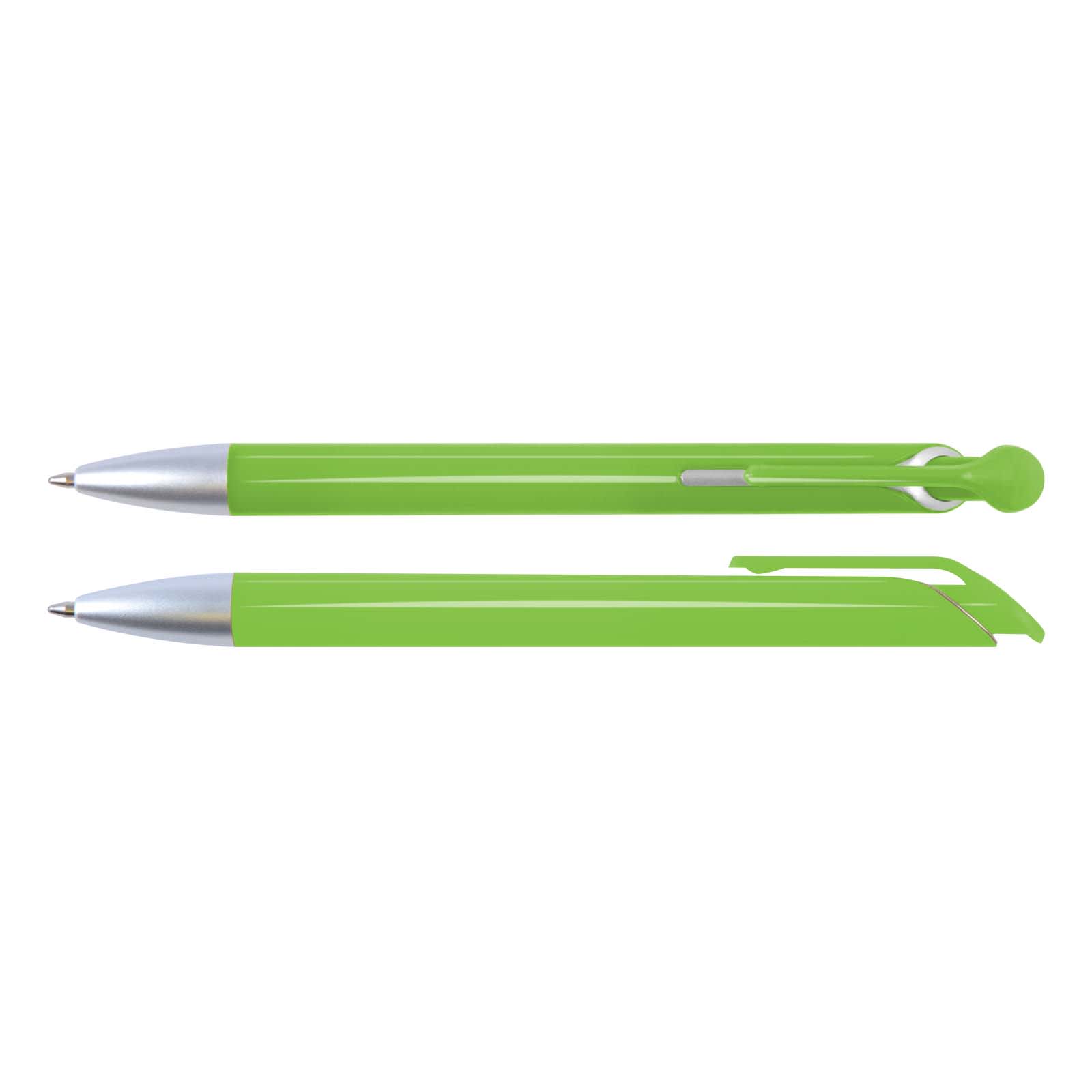 A bright green plastic pen with a silver tip and clip, featuring a sleek design. It includes a logo on the barrel.