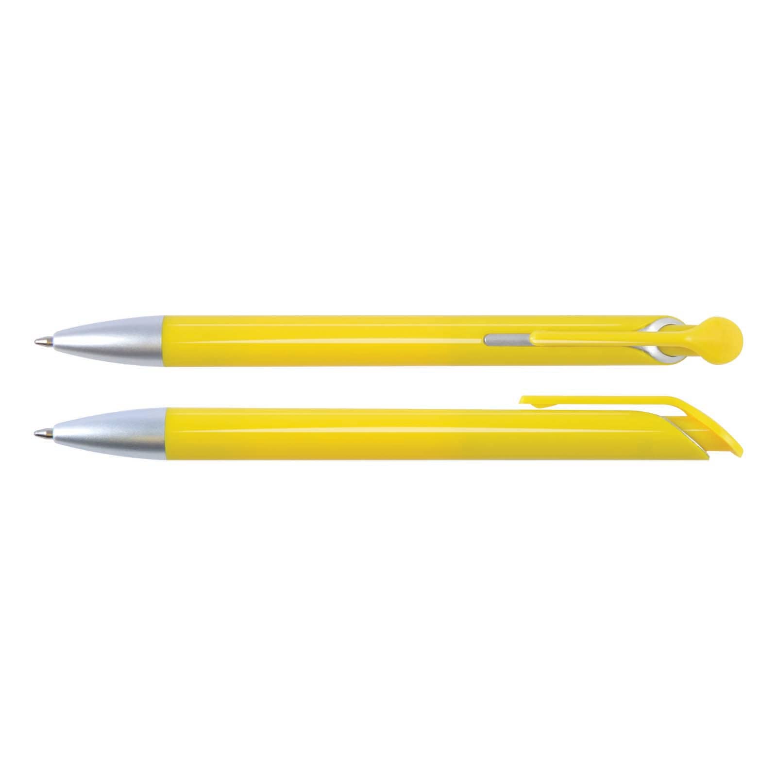A set of yellow plastic pens with silver accents, featuring a click mechanism and a sleek design.