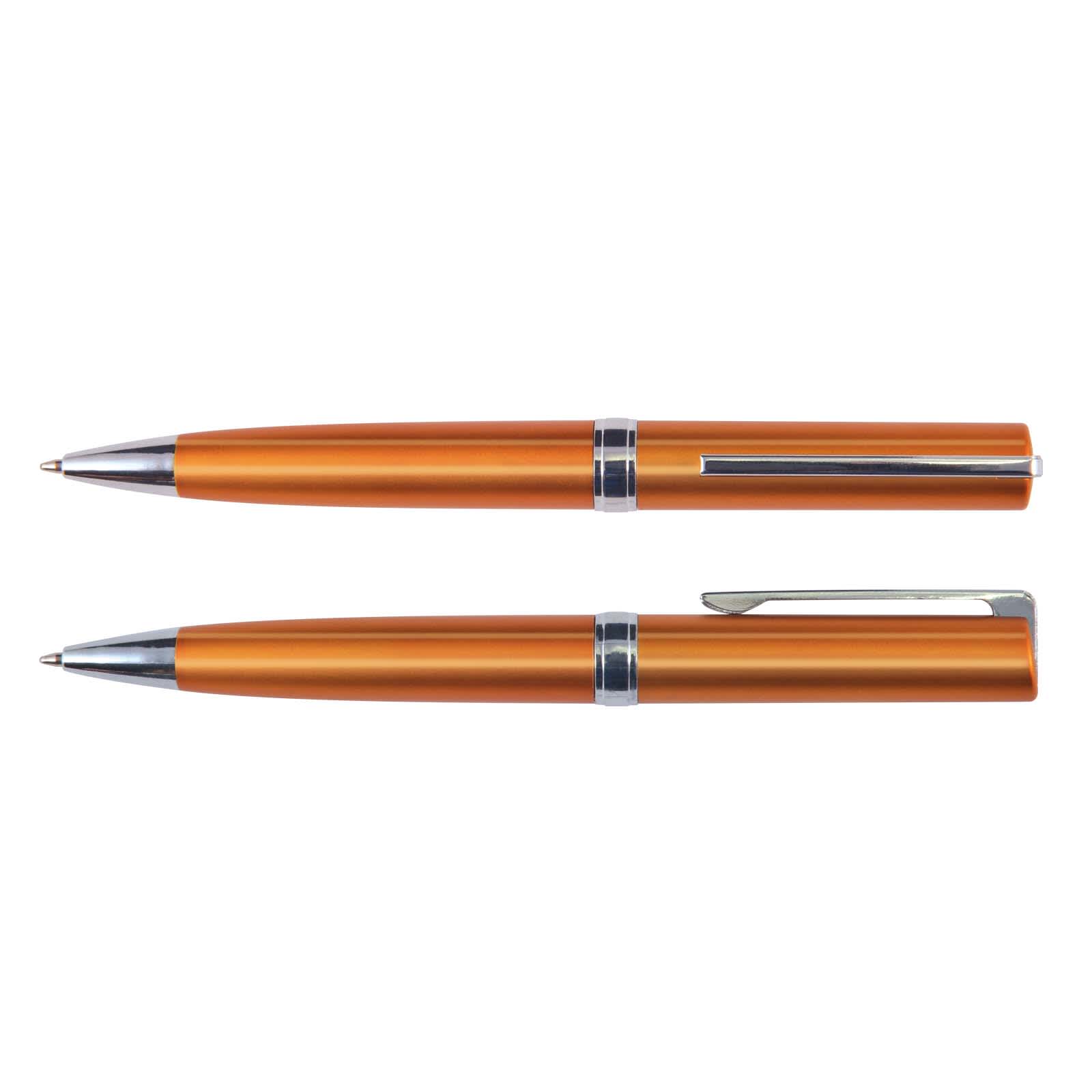 A pair of Gemini Metallic Pens in an orange metallic finish, featuring sleek designs and silver accents.