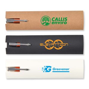 Three cardboard pen sleeves in brown, black, and white, each featuring a logo and holding a pen.