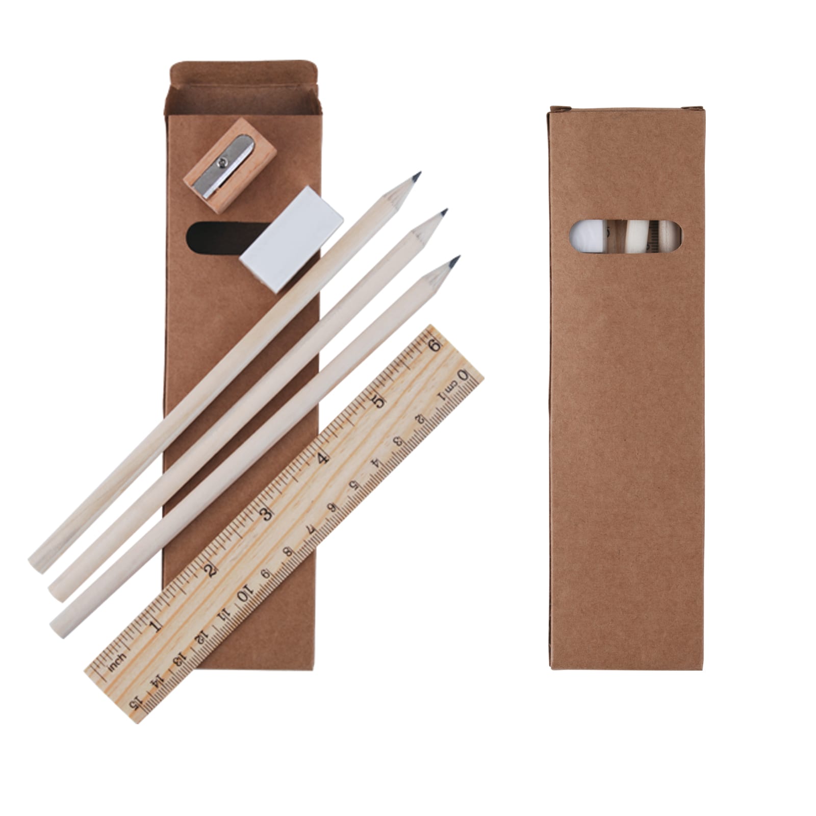 A stationery set packaged in a brown box containing three wooden pencils, a sharpener, an eraser, and a ruler.