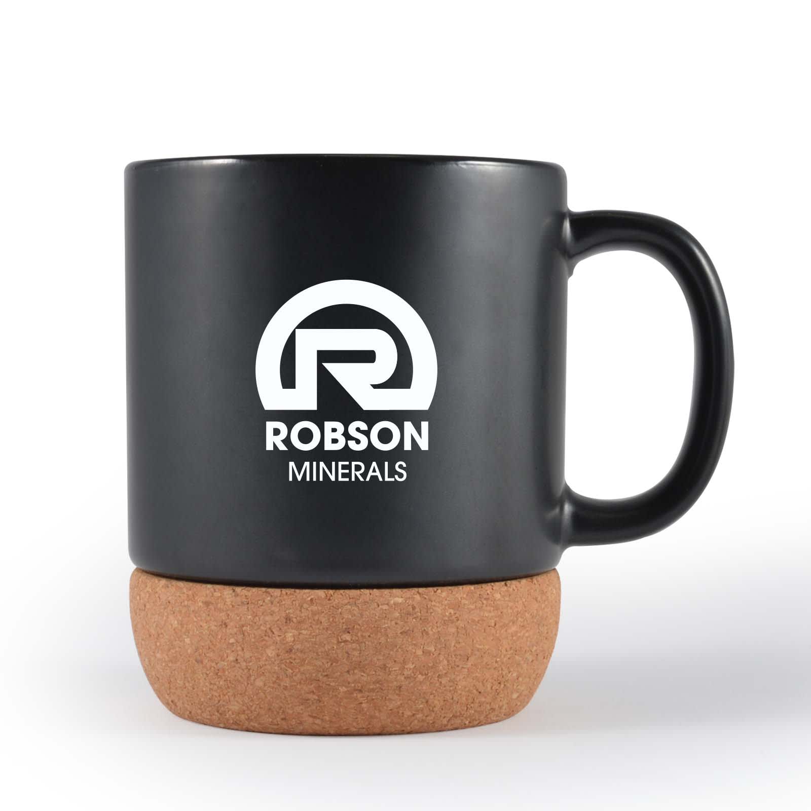 A ceramic mug with a cork base, featuring a logo for 