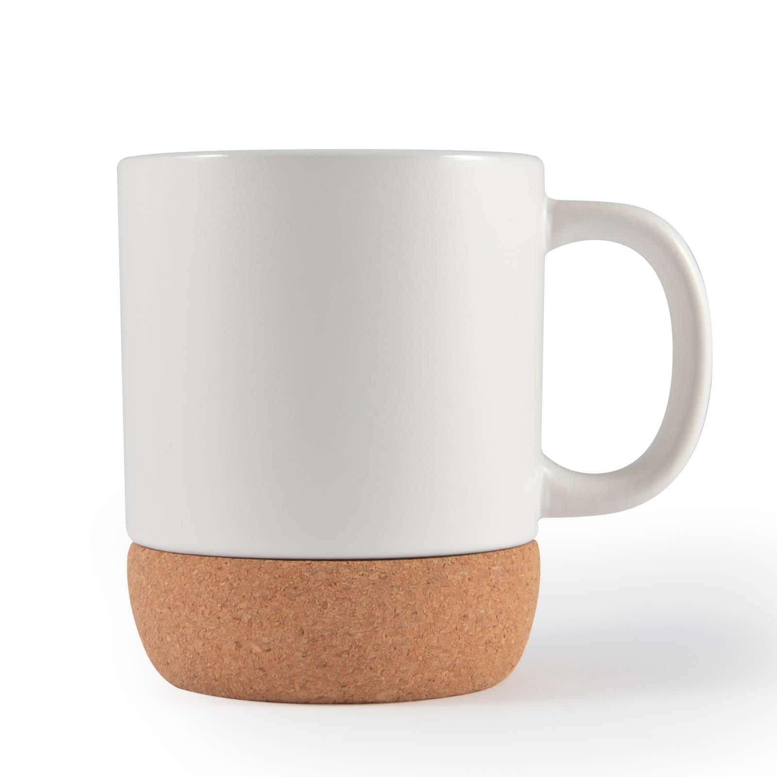 A ceramic mug with a white body and a cork base, featuring a smooth handle and a minimalist design.