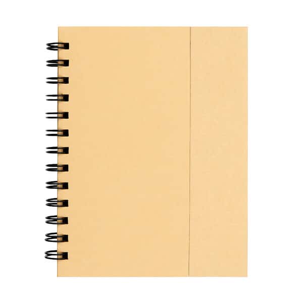 Natural kraft paper spiral notebook with a plain blank cover, isolated on a light background.