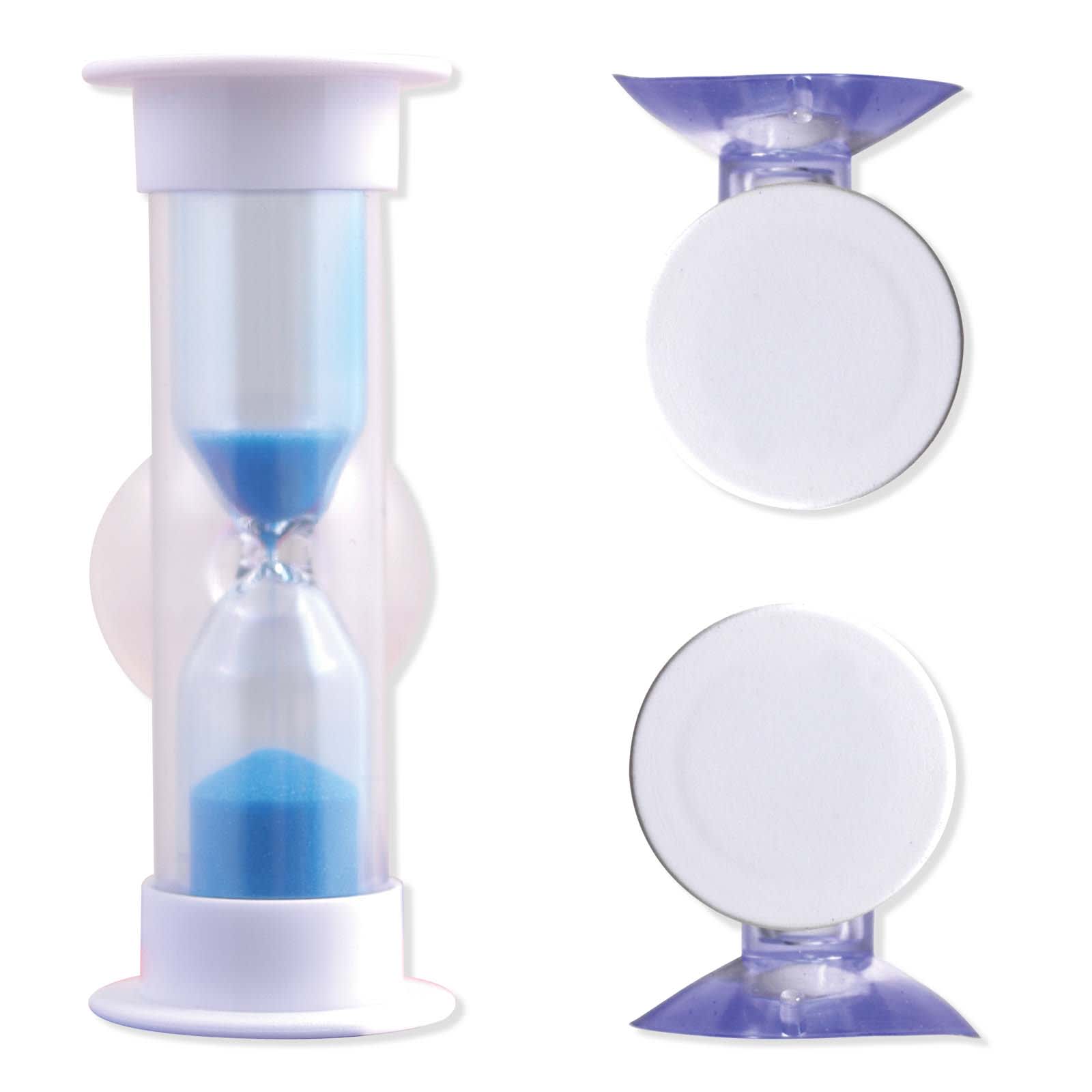 A water-saving shower timer in a transparent casing with blue sand, featuring a white base and top.
