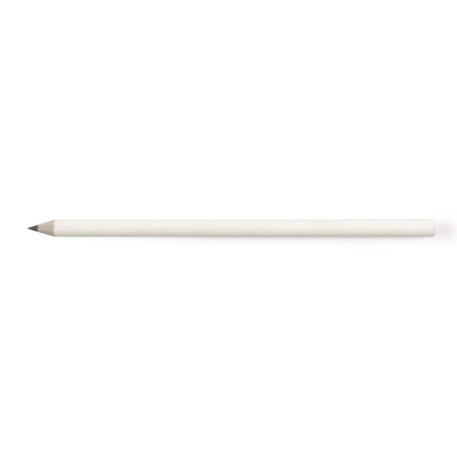 A grey-lead pencil made from recycled newspaper. The pencil features a smooth white exterior and a sharpened tip.