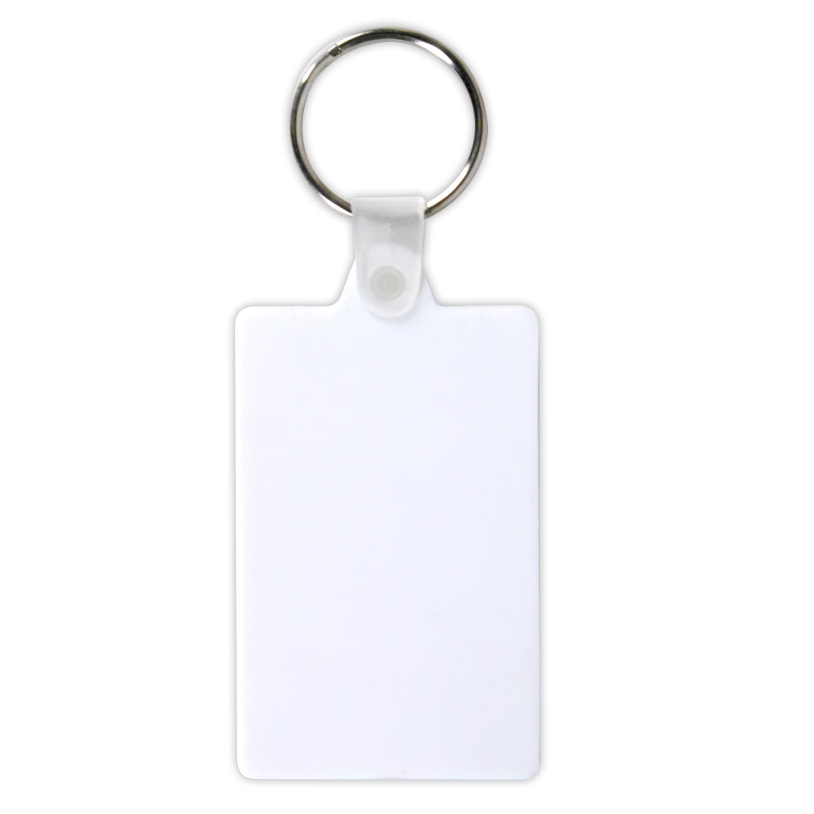 A keytag with a blank surface and a metal keyring attachment.