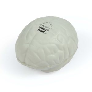 A stress ball designed in the shape of a brain, featuring the text "national science week."