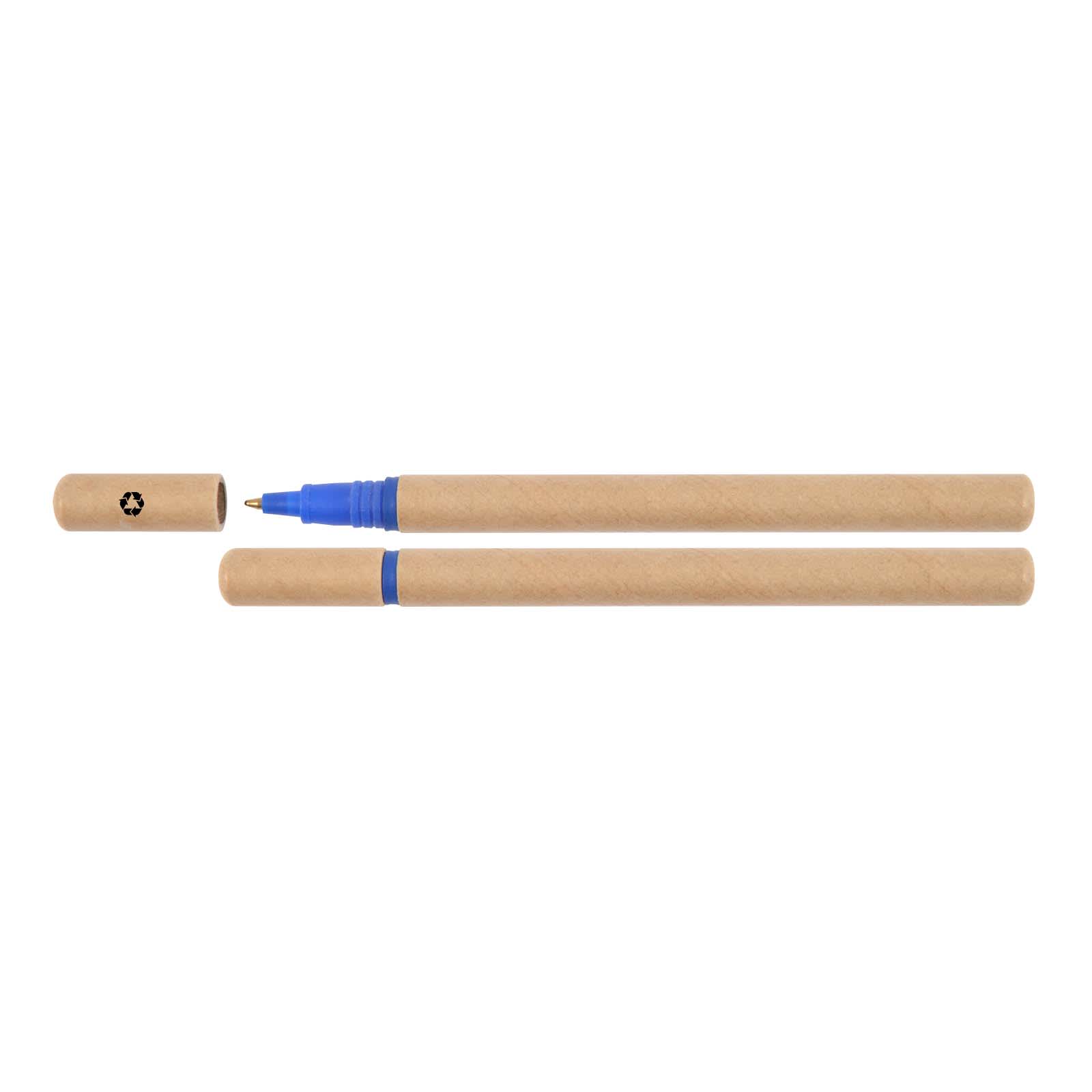 A blue pen with a cardboard exterior and a matching cap, featuring a recycling symbol.