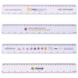 A white 30cm ruler with various logos and branding, featuring measurement markings along the edges.