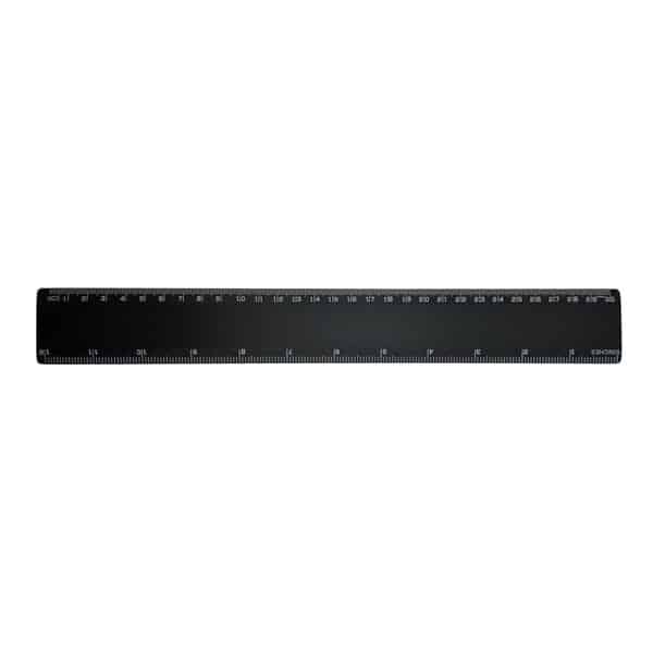 lack straight ruler with white measurement markings, isolated on a light background.