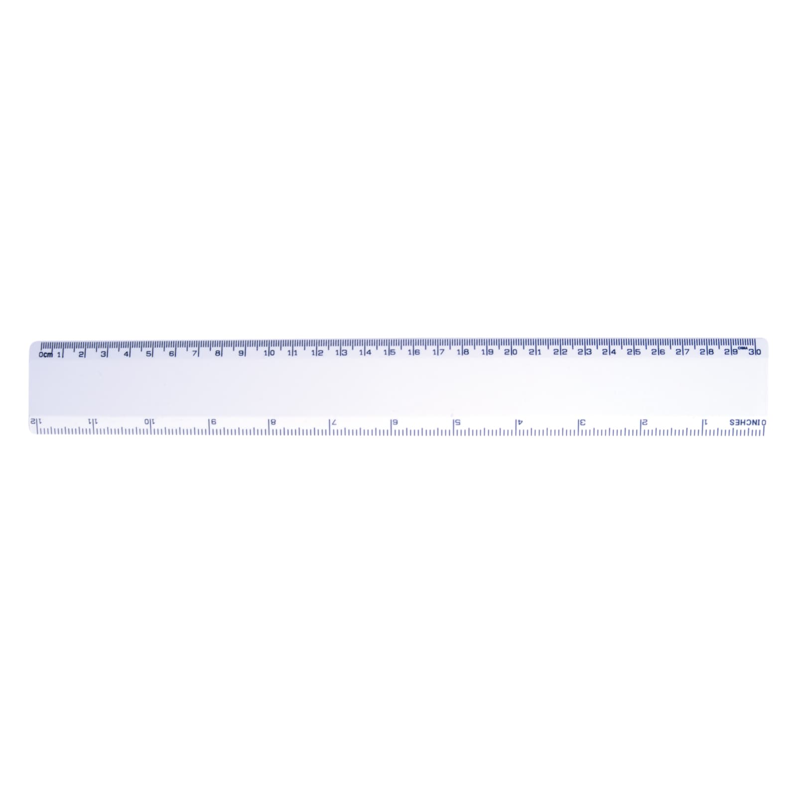 A 30cm white ruler featuring clear metric measurements printed along one edge, ideal for office and business use.