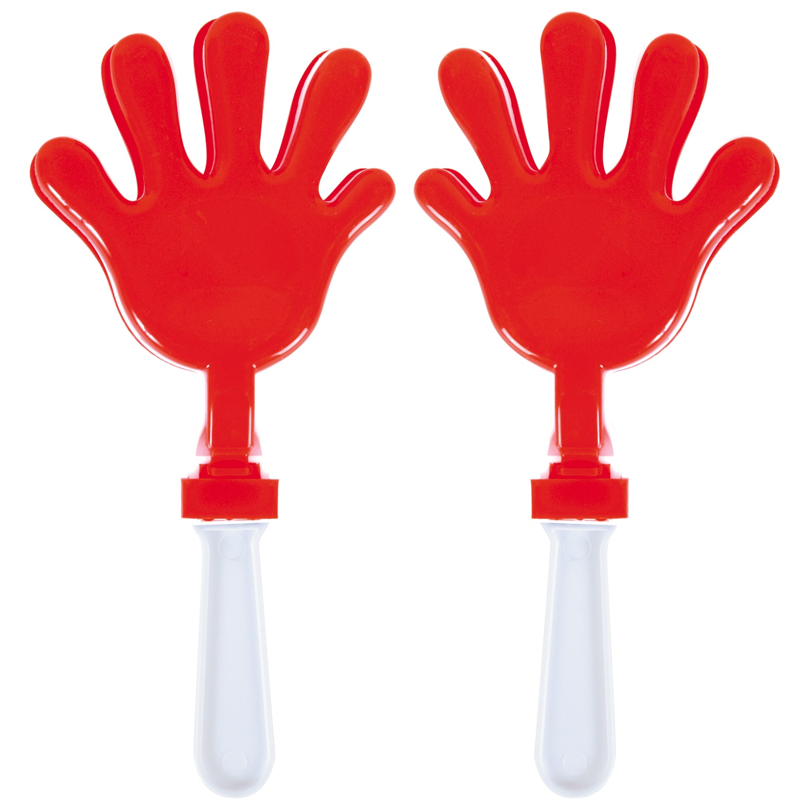 A pair of colorful red hand-shaped clappers with transparent handles.