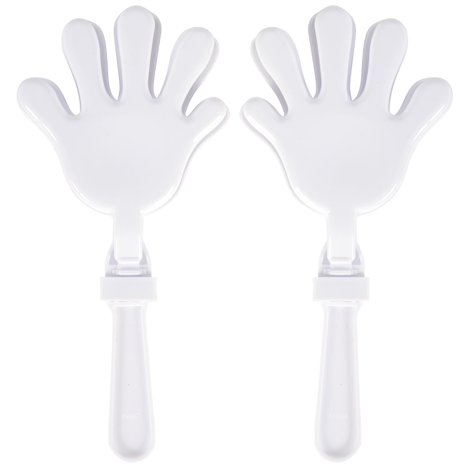 A pair of white hand-shaped clappers with clear handles, designed for making noise.