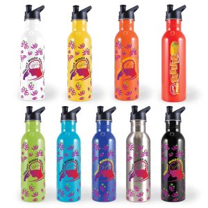 A drink bottle collection with white, yellow, orange, red, green, blue, stainless steel, and black finishes featuring a logo and musical notes.