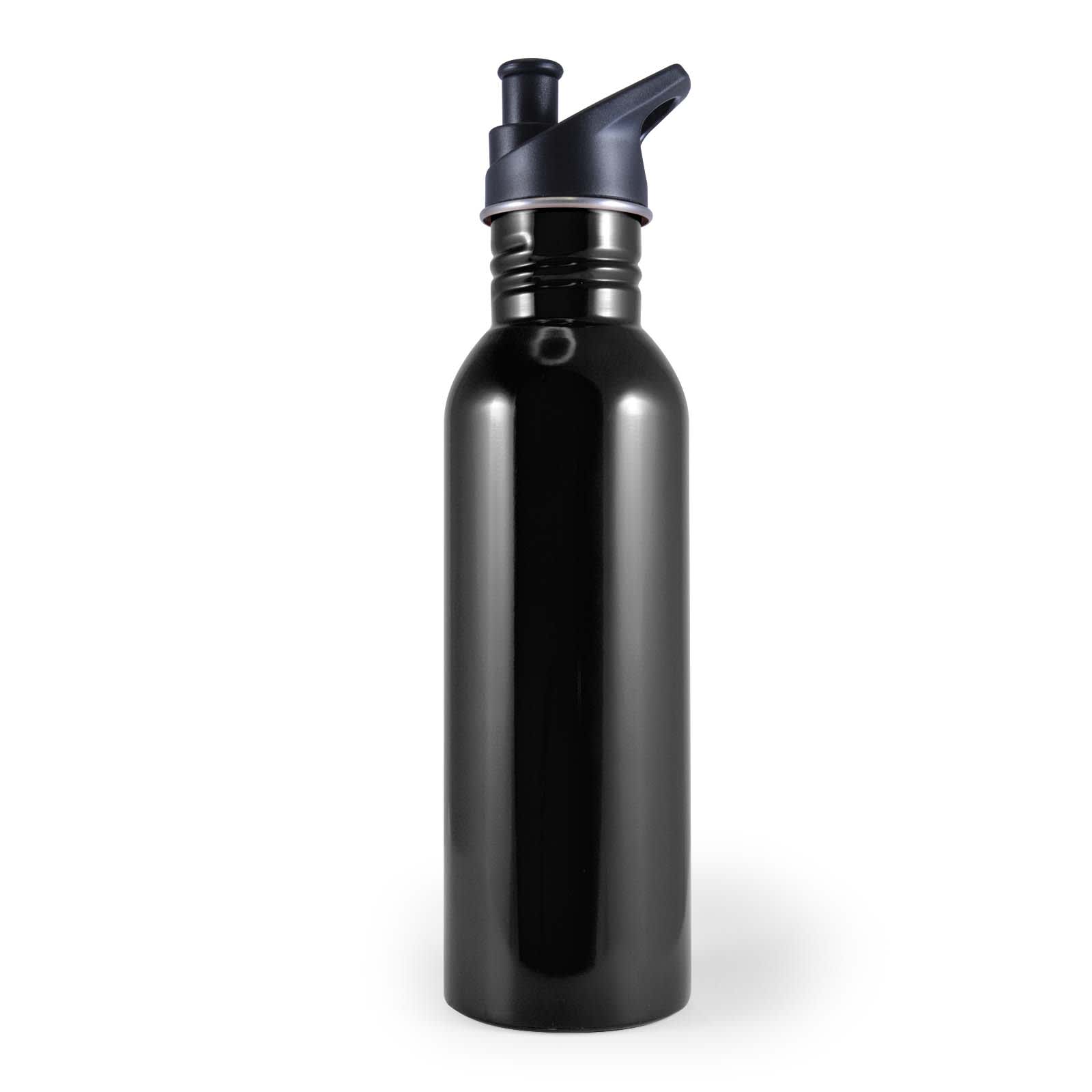 A drink bottle in turquoise featuring a black flip-top lid and a white musical notes design with branding.