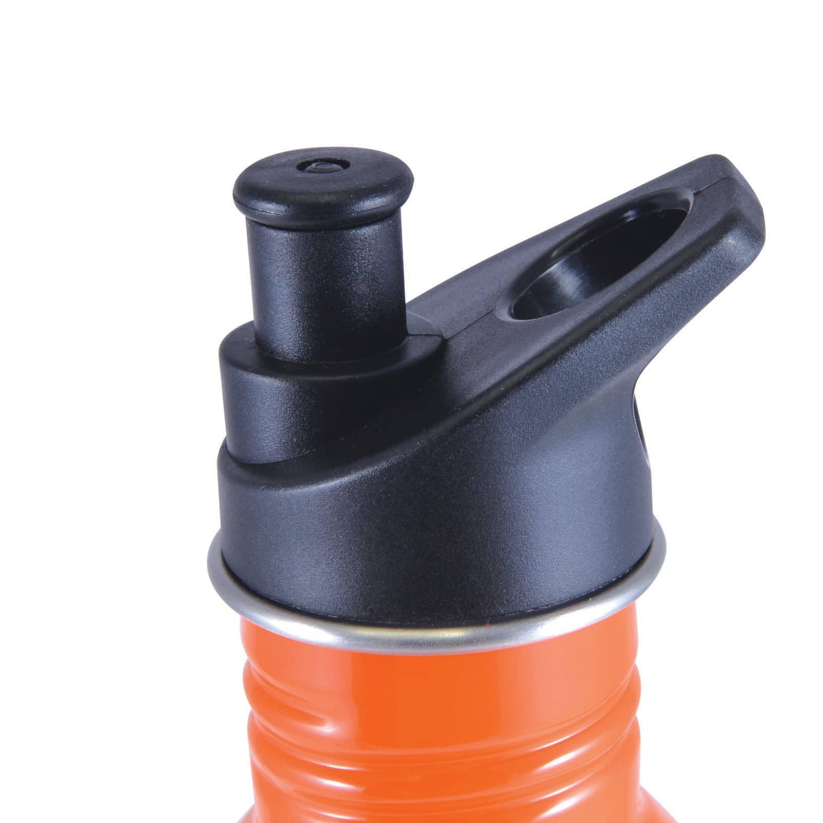 A drink bottle with an orange body and a black nozzle top. It features a silver ring around the neck.
