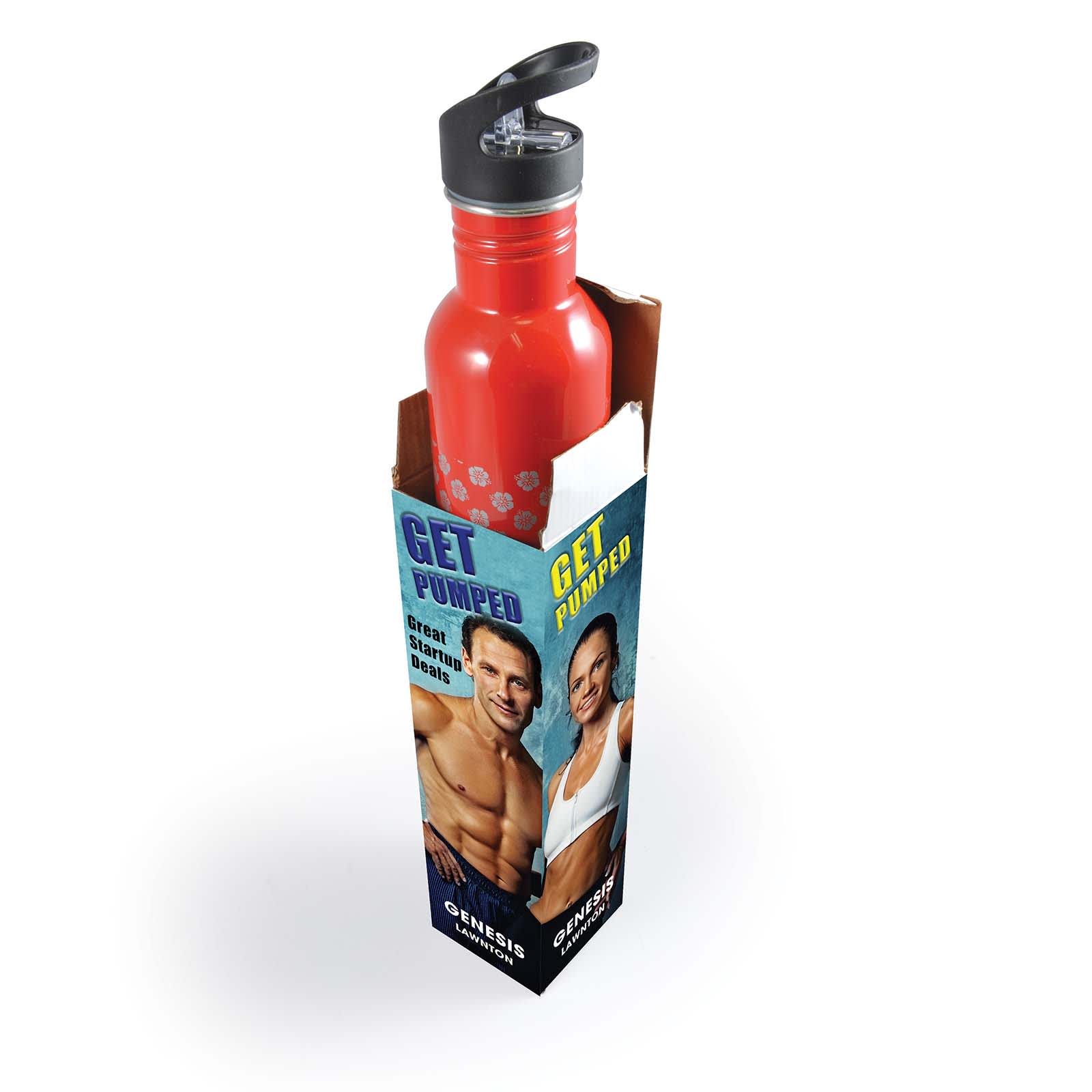 A red drink bottle is inside a cardboard display, featuring a logo and promotional imagery on the sides.
