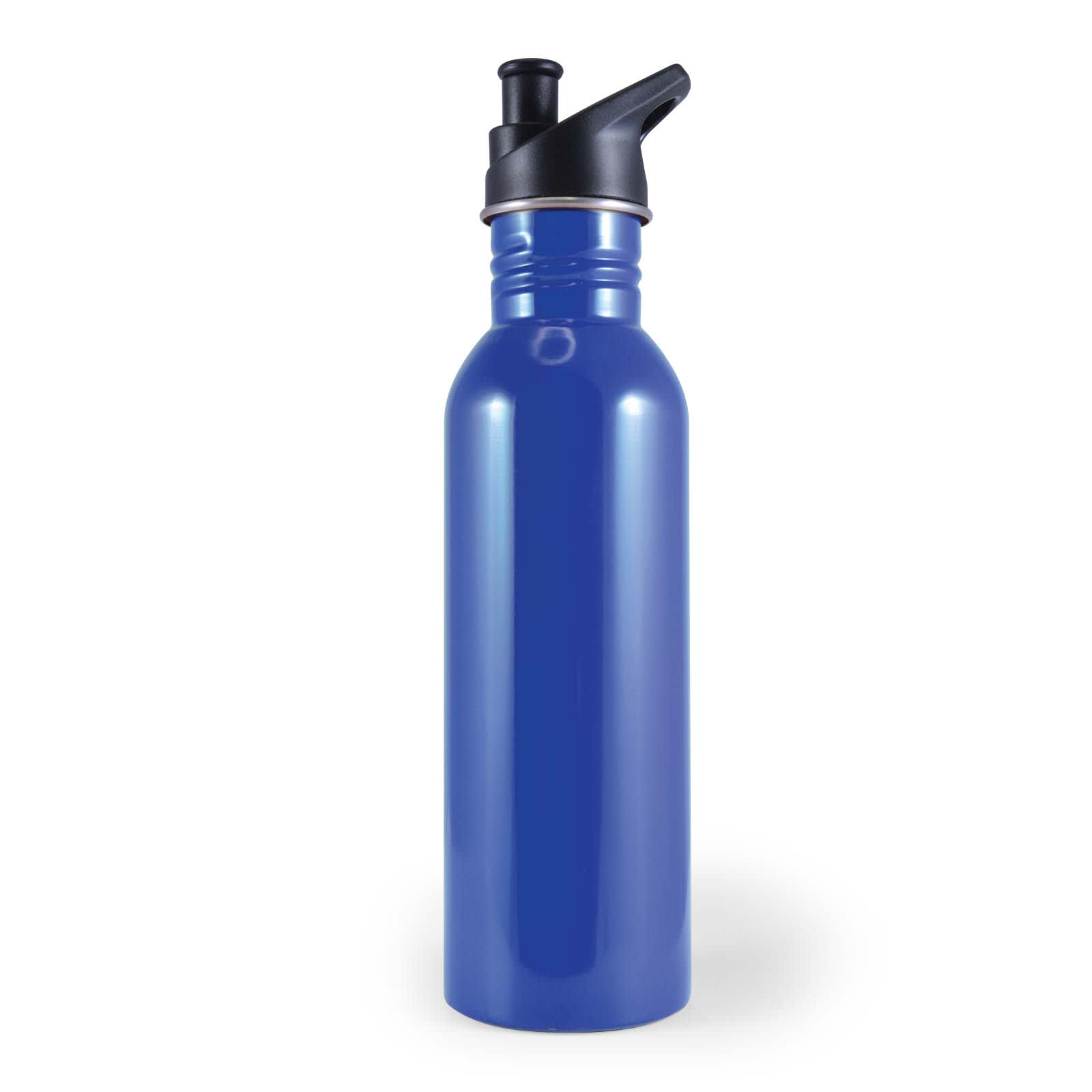 A drink bottle in black stainless steel with a dark blue cap and a branded logo on the front.