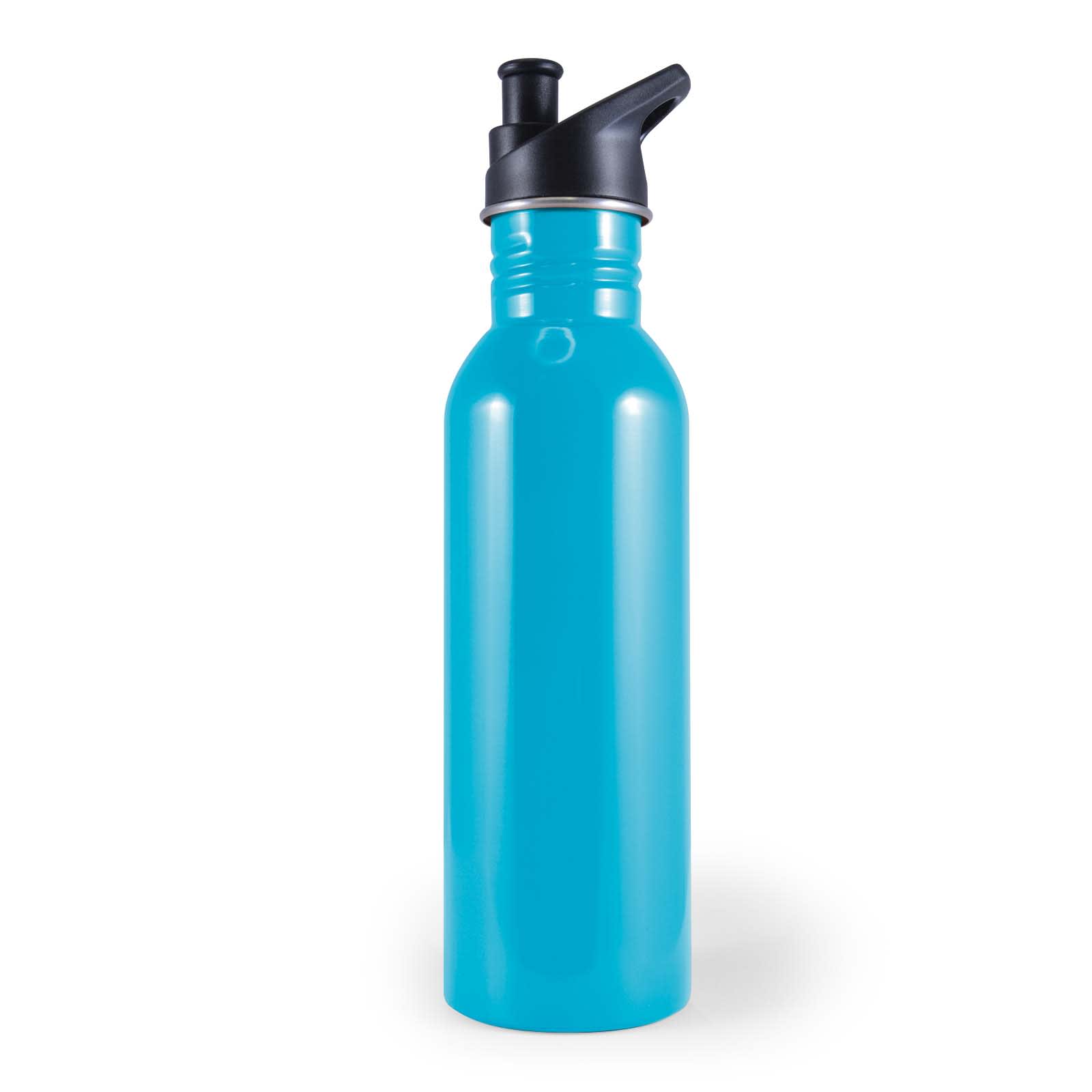 A black drink bottle with a lid and a logo. It has a sleek, metallic finish.