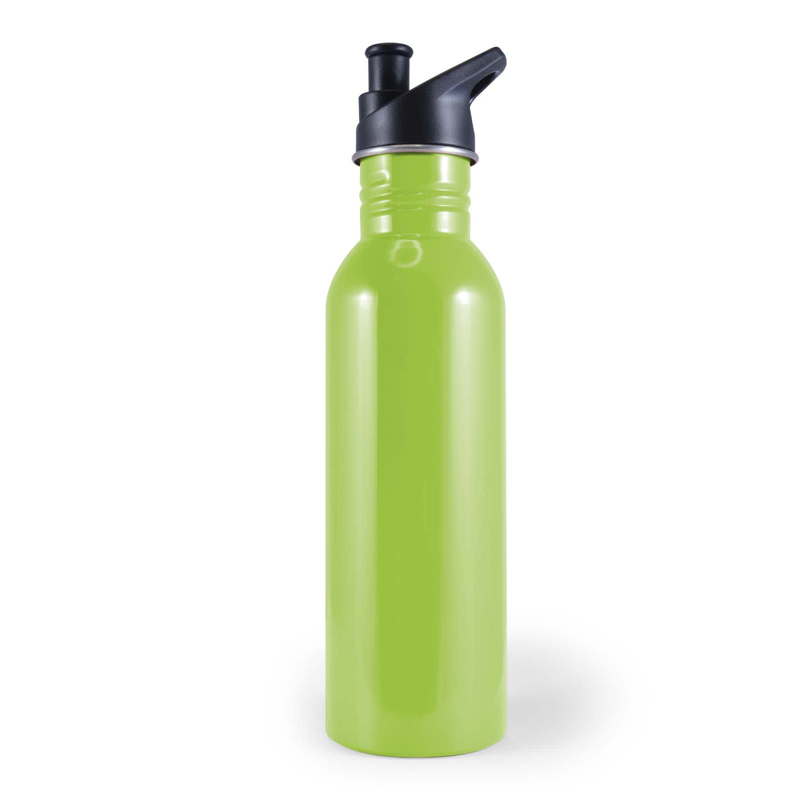 A drink bottle in shiny black with a dark blue cap and a flip-top spout. It features a logo.