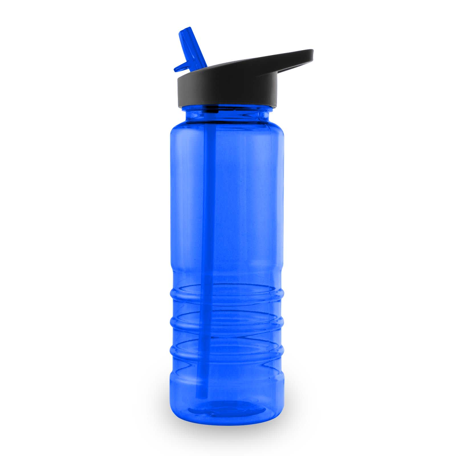 A drink bottle in vibrant blue with a black lid and straw, featuring a textured grip for easy handling.