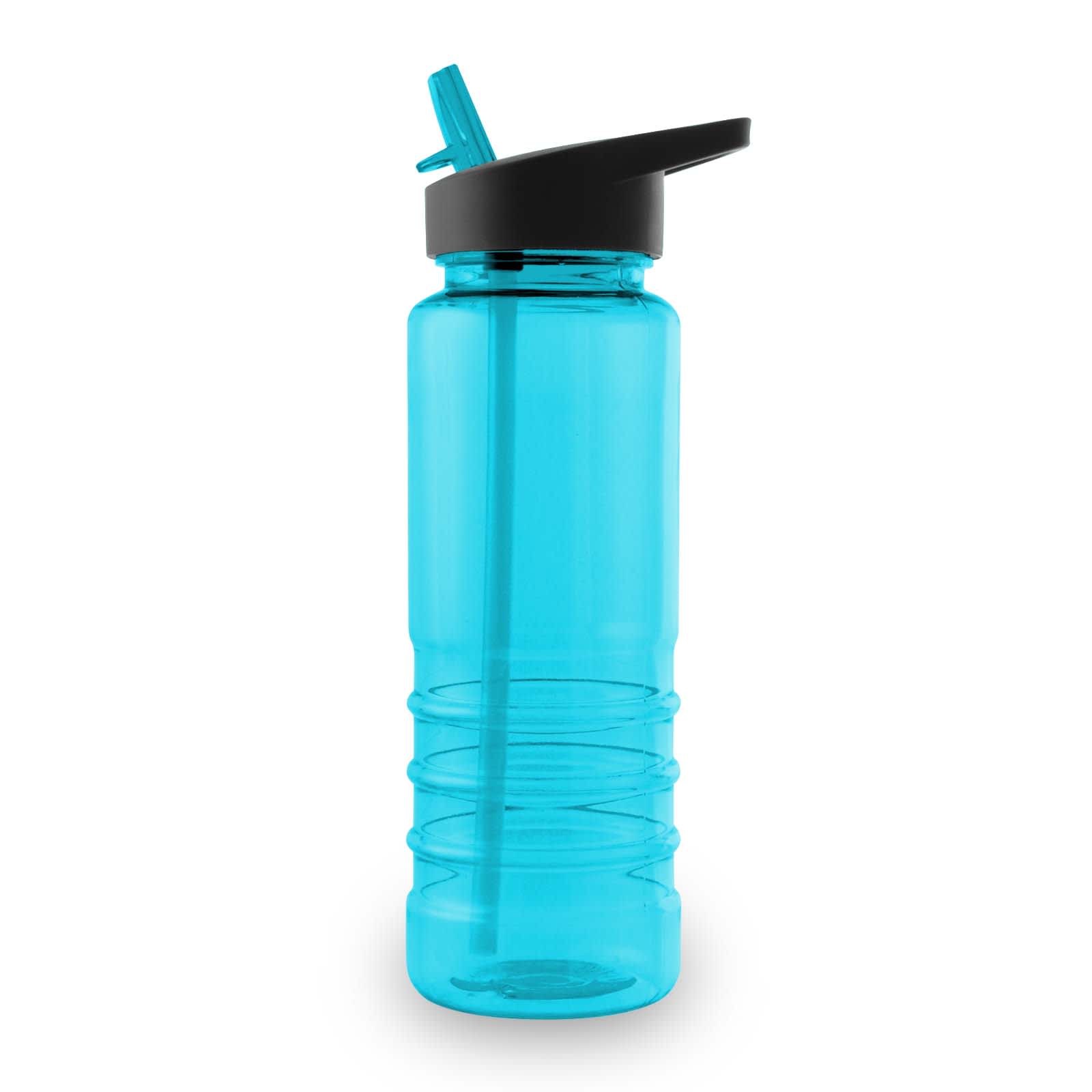 A drink bottle in vibrant turquoise with a black lid and a built-in straw, featuring a simple logo.