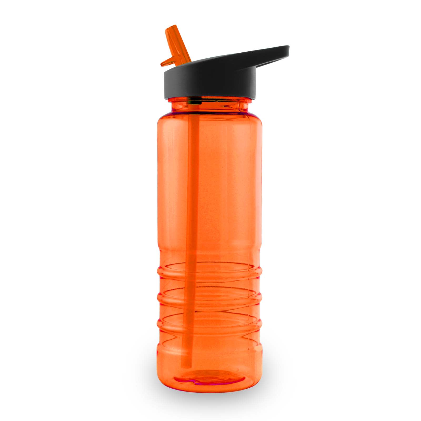 A drink bottle in bright orange with a black lid and a built-in straw. Features a logo on the side.