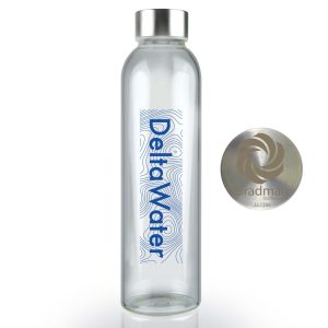A drink bottle made of clear glass with a silver lid and a logo printed on the side.