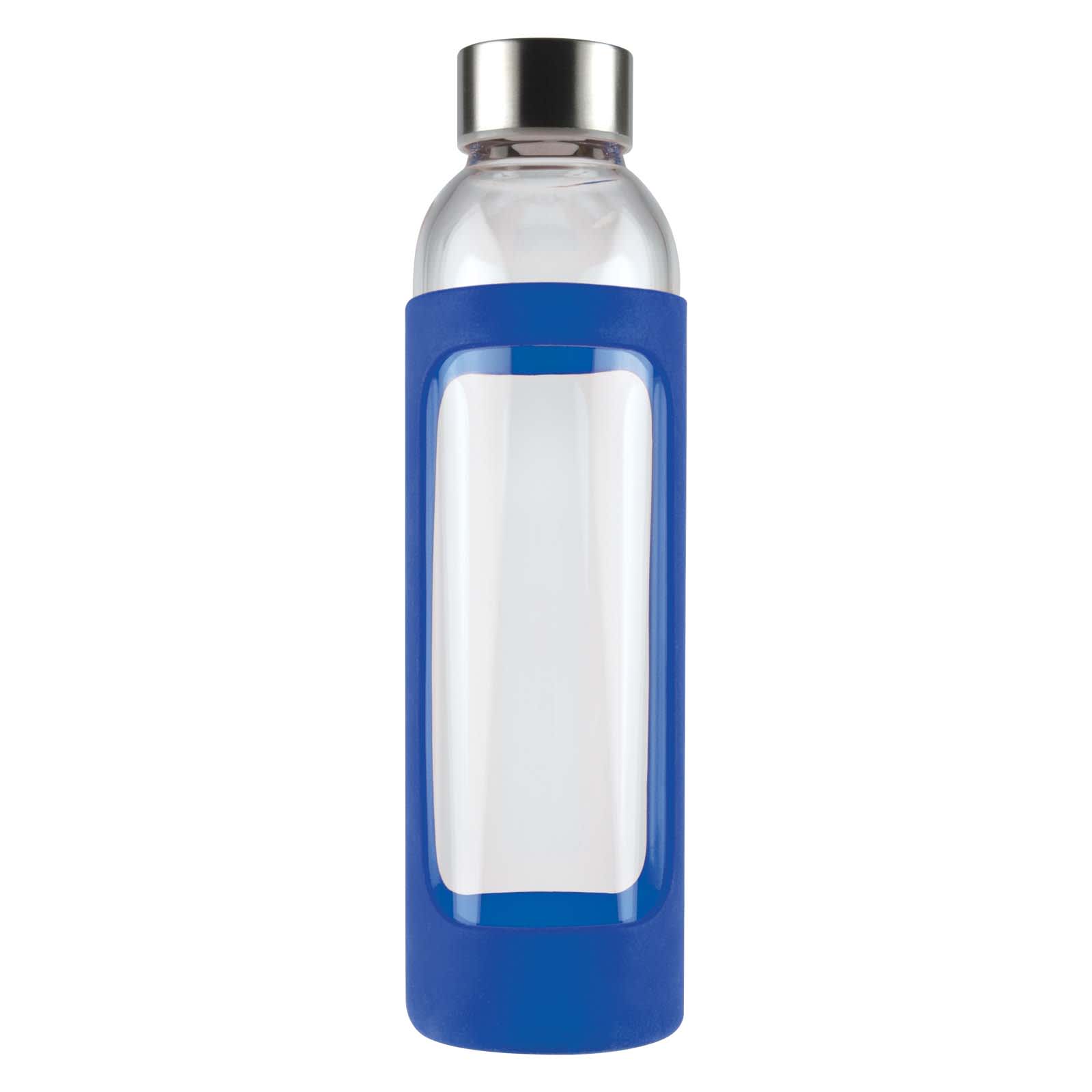 A drink bottle with a clear glass body and a blue silicone sleeve, featuring a metal cap and a branding logo.