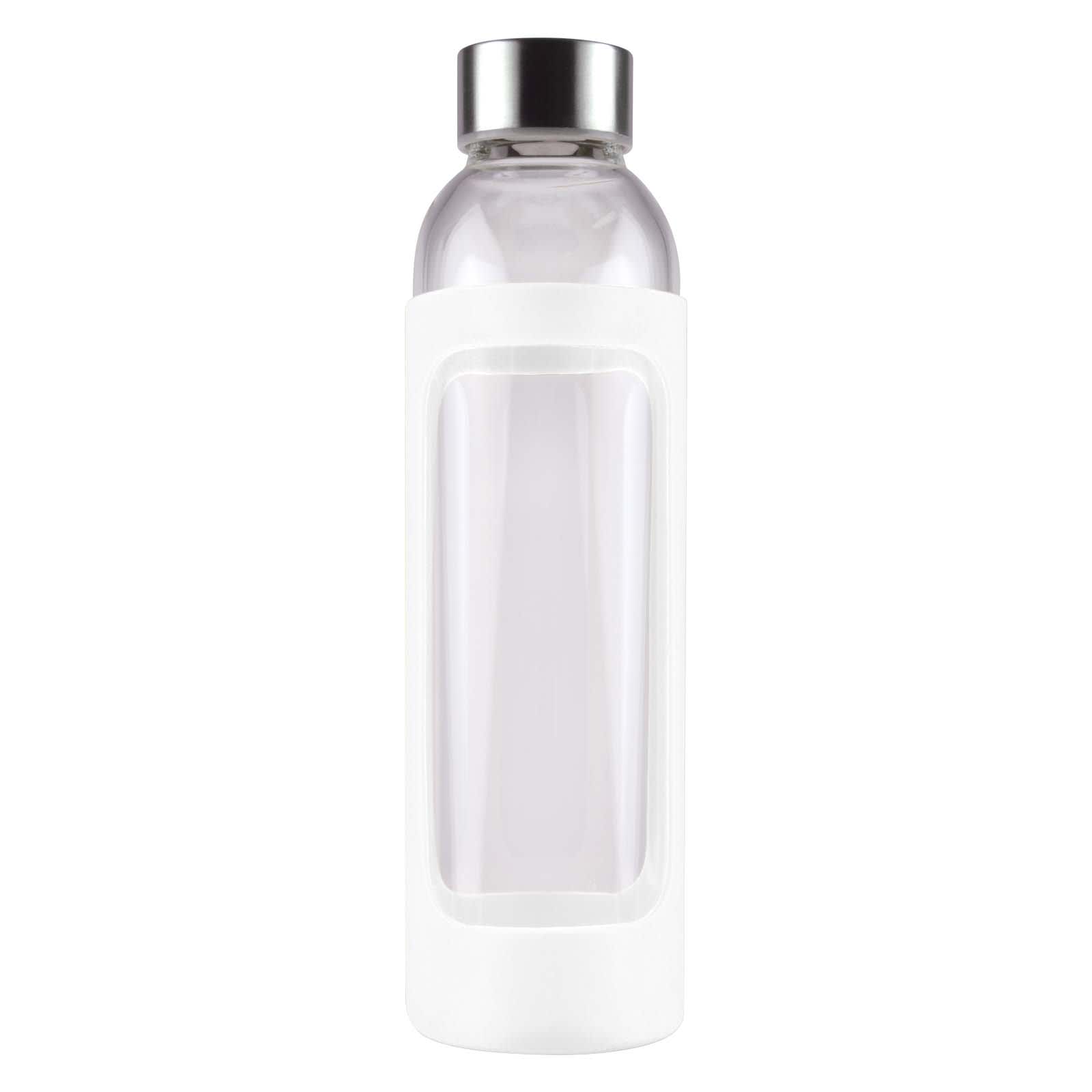 A drink bottle with a clear glass body and a white silicone sleeve, featuring a silver metal cap.