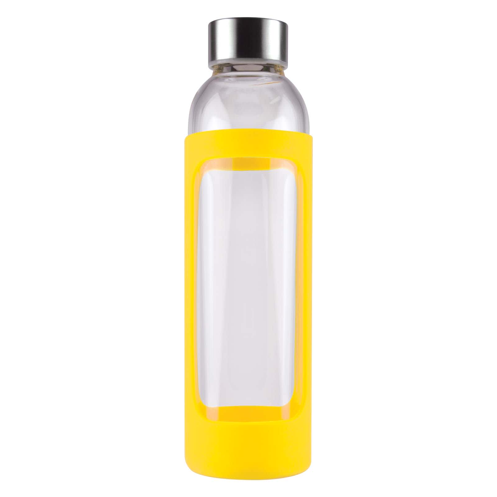 A drink bottle featuring a clear glass body with a bright yellow silicone sleeve and a stainless steel cap.