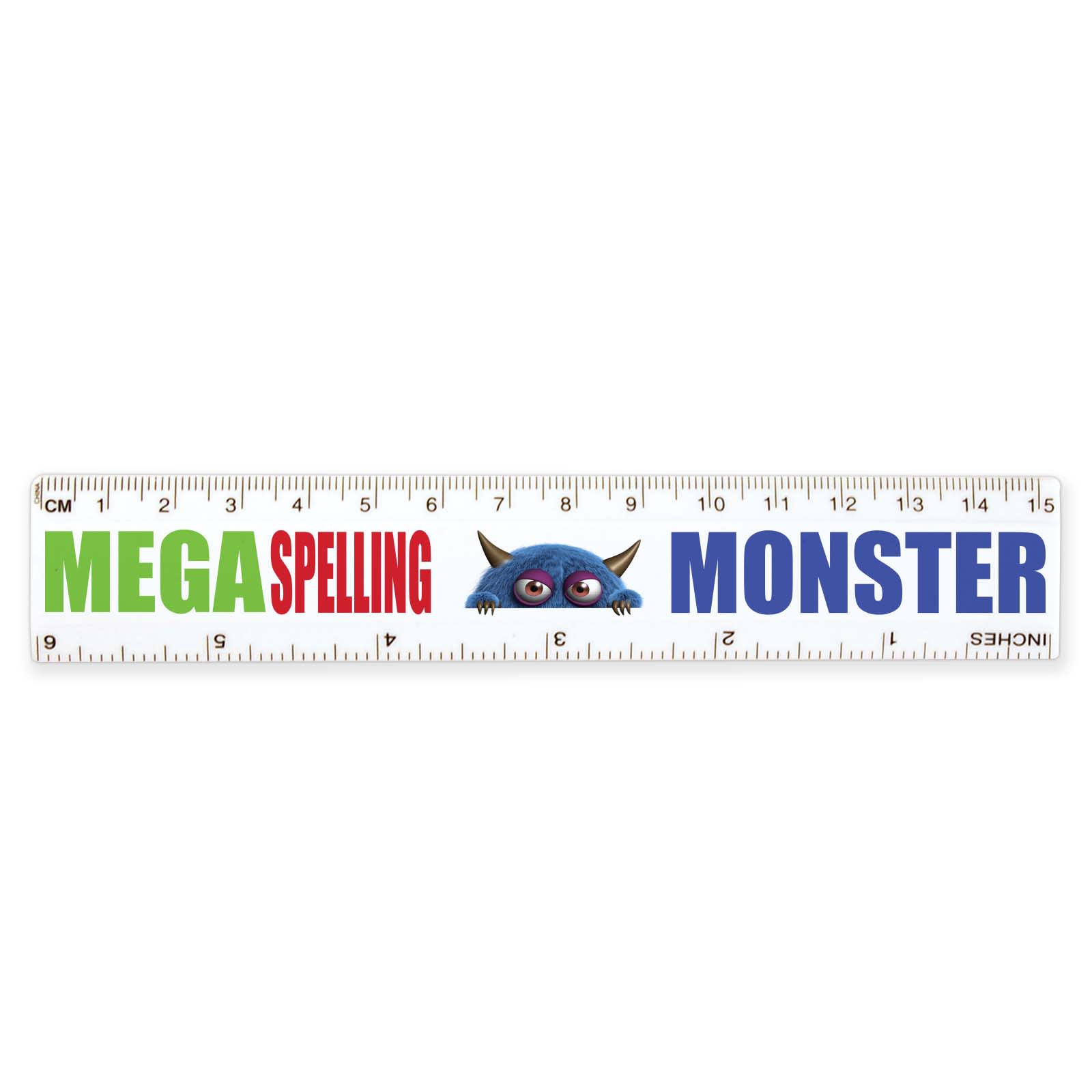 A white 15 cm ruler featuring colorful text that reads 