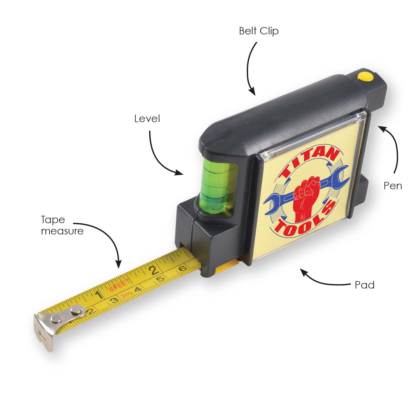 A black and yellow contractor tape measure featuring a level, pen, and pad, with a belt clip attached.