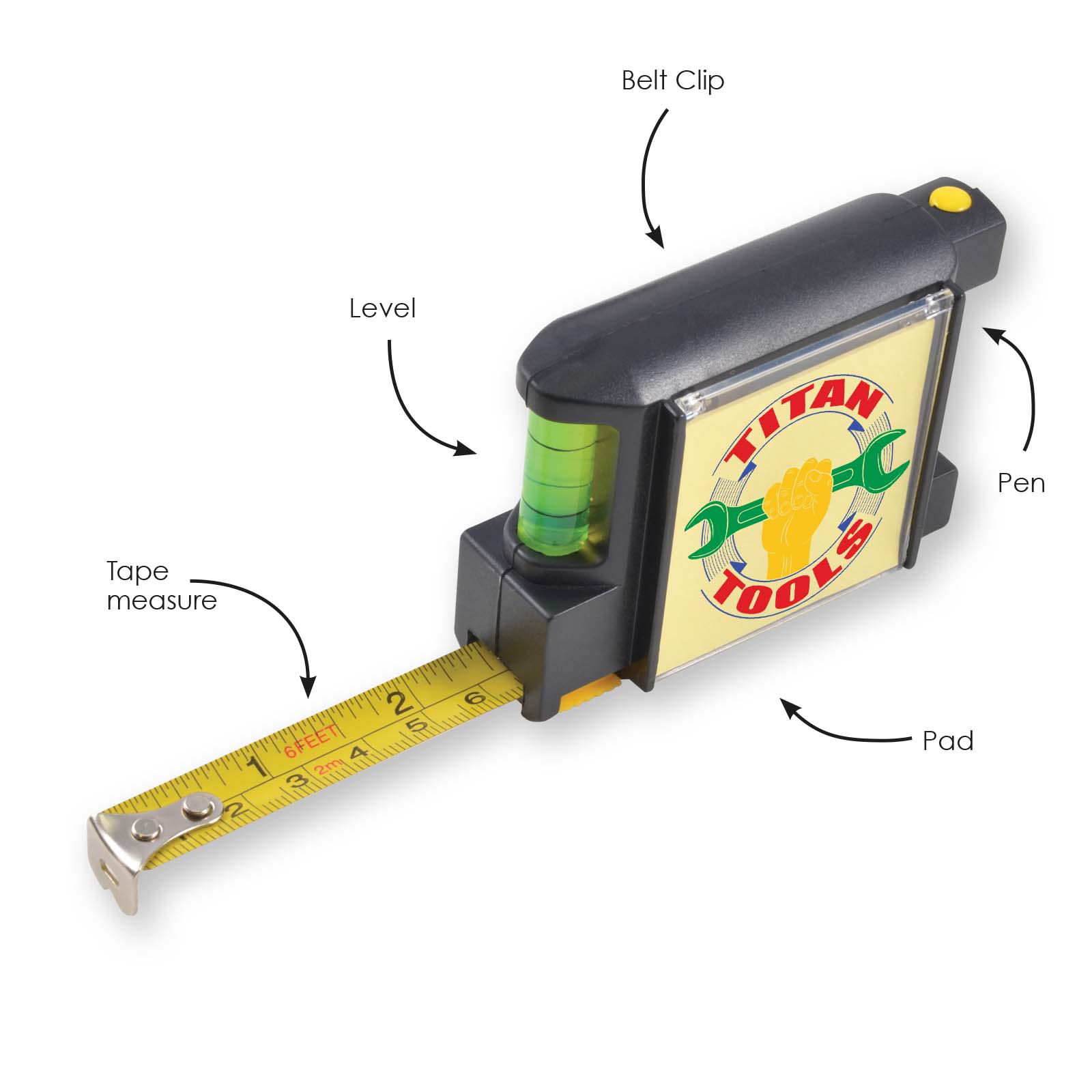 A black and yellow tape measure features a level, pen, belt clip, and a notepad. It has a logo on the side.